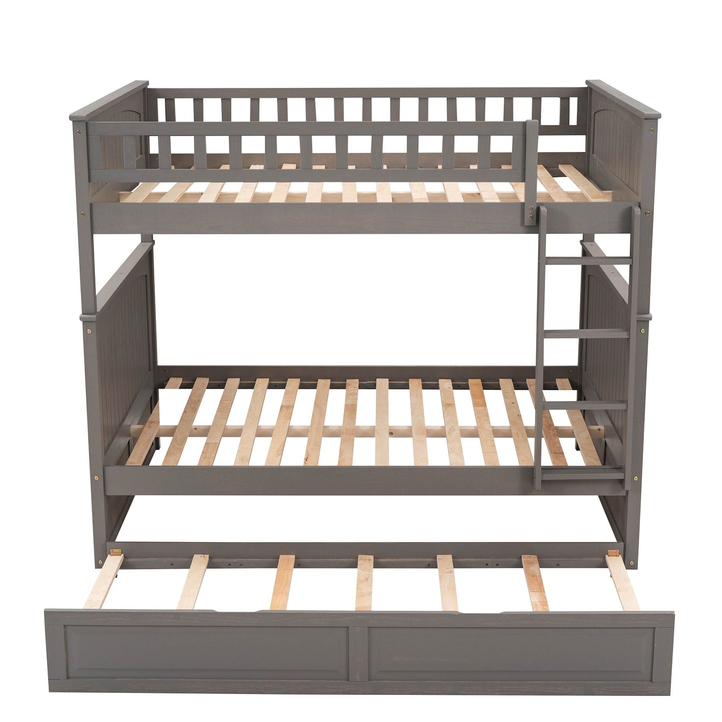 Shared Room Solution Full Over Full Pine Wood Bunk Bed with Twin Trundle and Guardrails, Brushed Gray | Just Better Bunk Beds