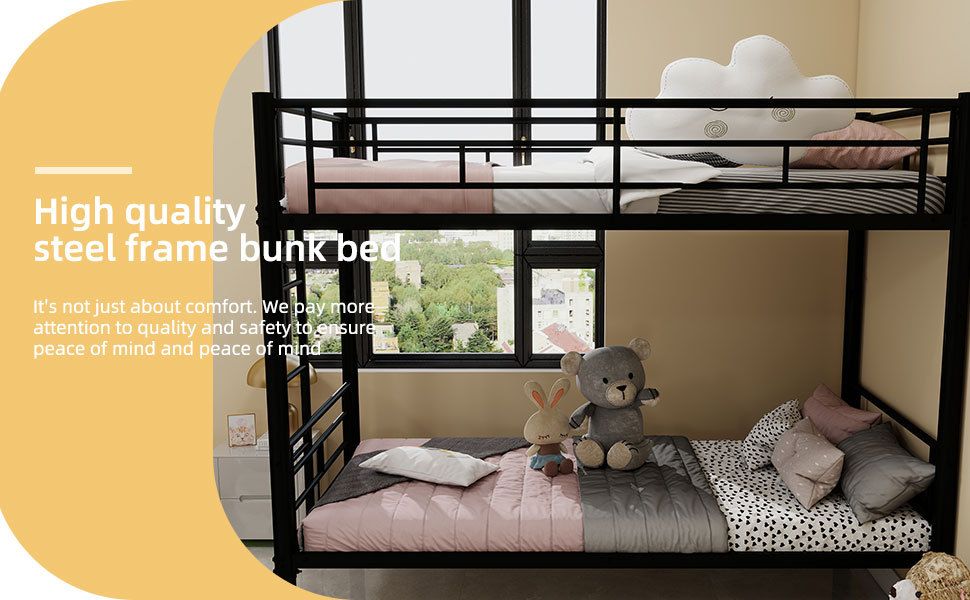Shared Room Solution Twin Over Twin Metal Bunk Bed with Ladder and Guardrail, Convertible, Metal | Just Better Bunk Beds
