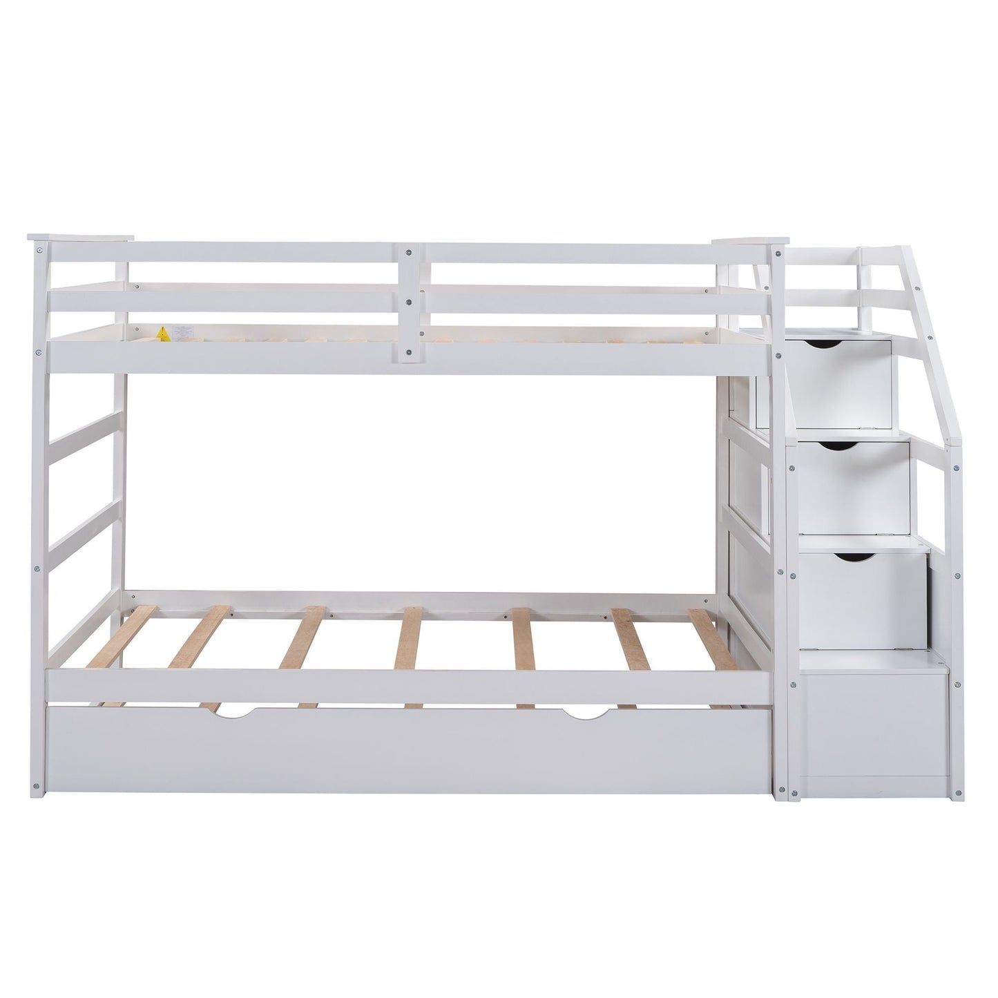 Twin-Over-Twin Bunk Bed with Twin Size Trundle and 3 Storage Stairs,  White