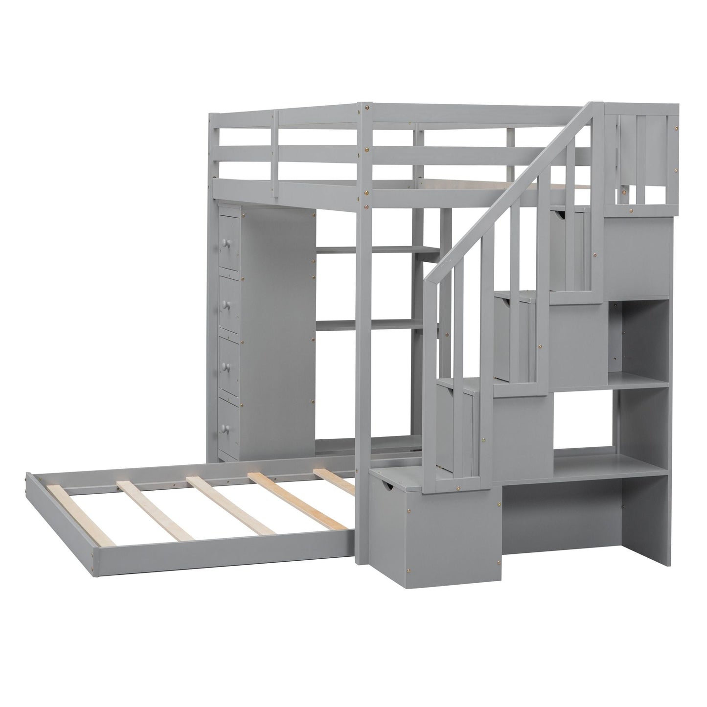Staircase Storage Twin Over Full Wood Bunk Bed with Shelves and Drawers, Gray | Just Better Bunk Beds