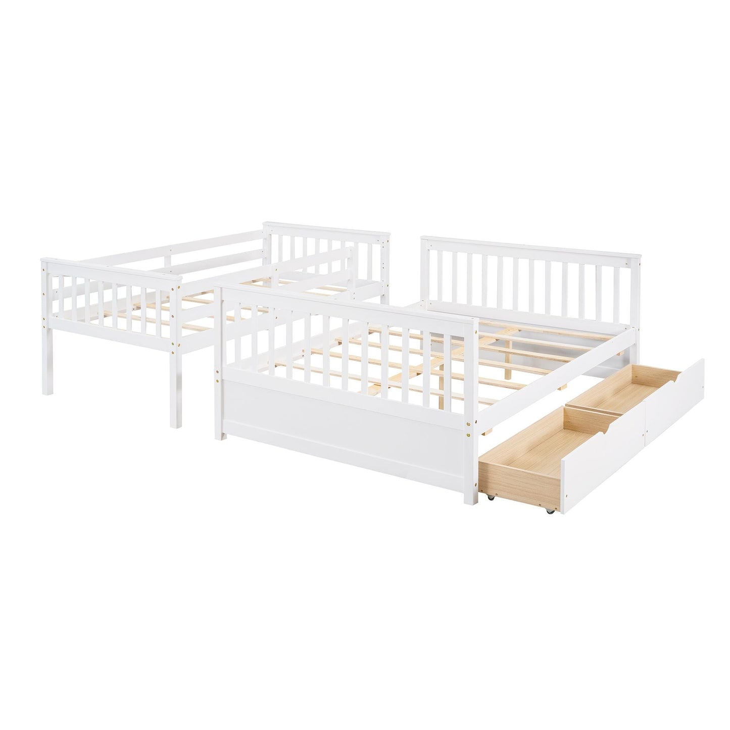 Heavy-Duty Twin Over Full Wood Bunk Bed with Ladders and Two Storage Drawers, White | Just Better Bunk Beds