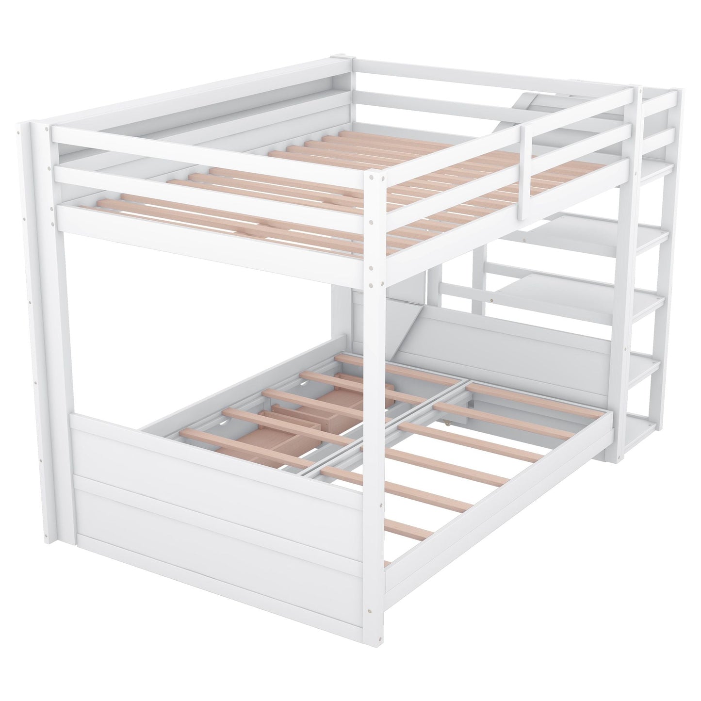 Convertible Full Wood Bunk Bed with Storage Staircase, Bedside Table, 3 Drawers, White | Just Better Bunk Beds