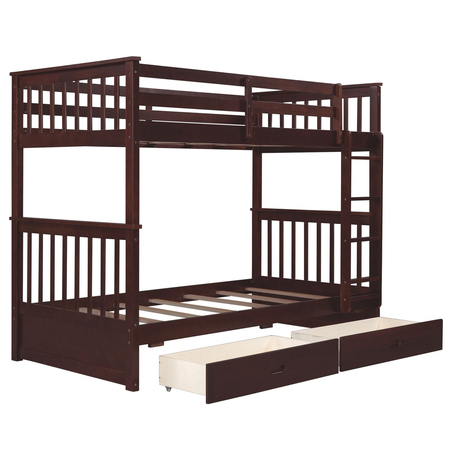 Storage-Enhanced Twin Over Twin Wood Bunk Bed with Ladders, Two Drawers, White | Just Better Bunk Beds