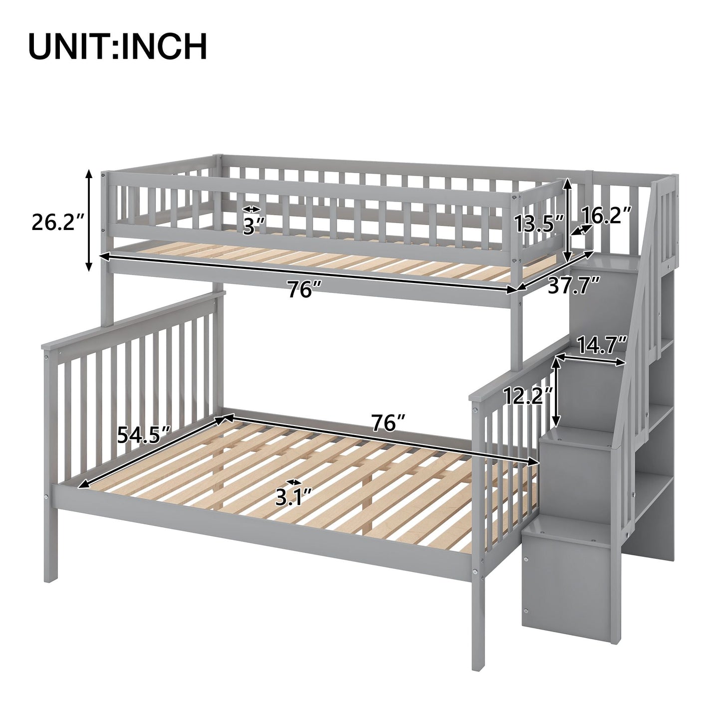 Staircase Storage Twin Over Full Wood Bunk Bed with Storage, White | Just Better Bunk Beds