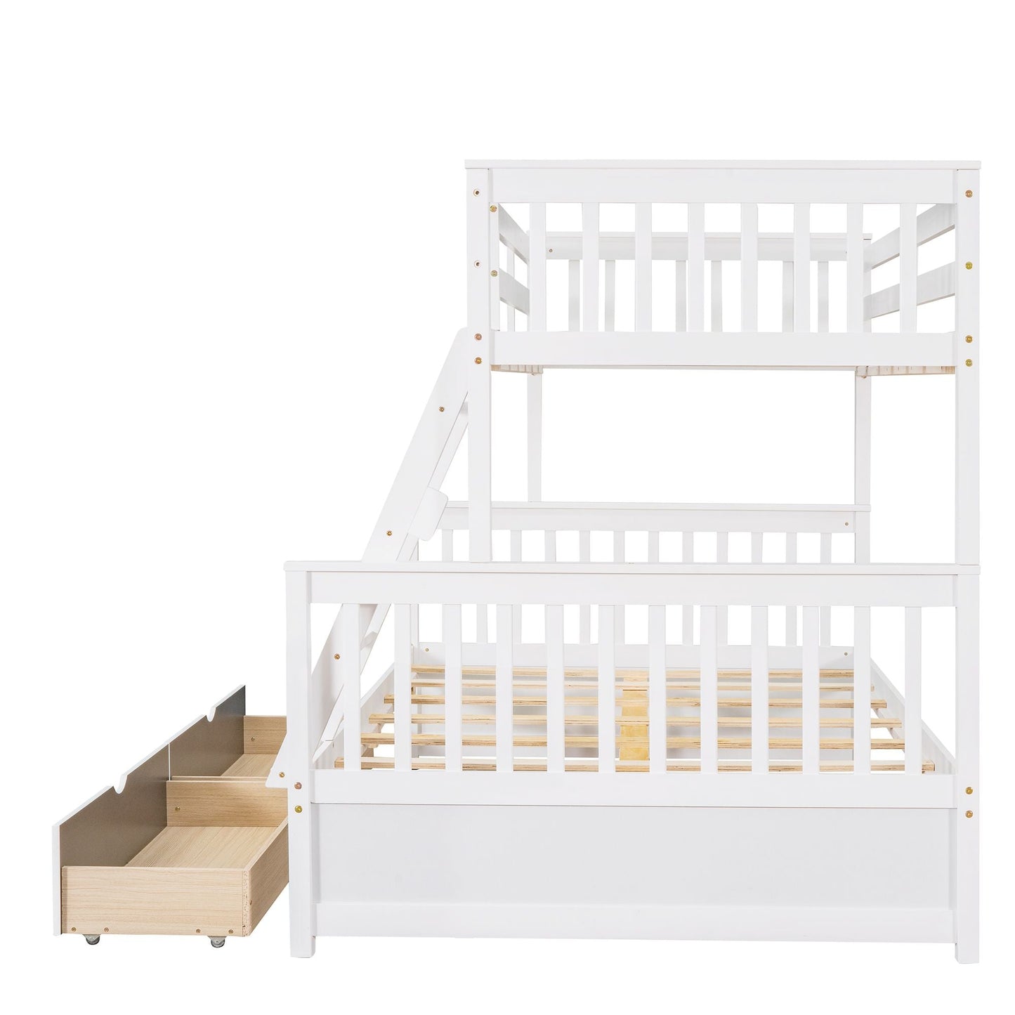 Heavy-Duty Twin Over Full Wood Bunk Bed with Ladders and Two Storage Drawers, White | Just Better Bunk Beds