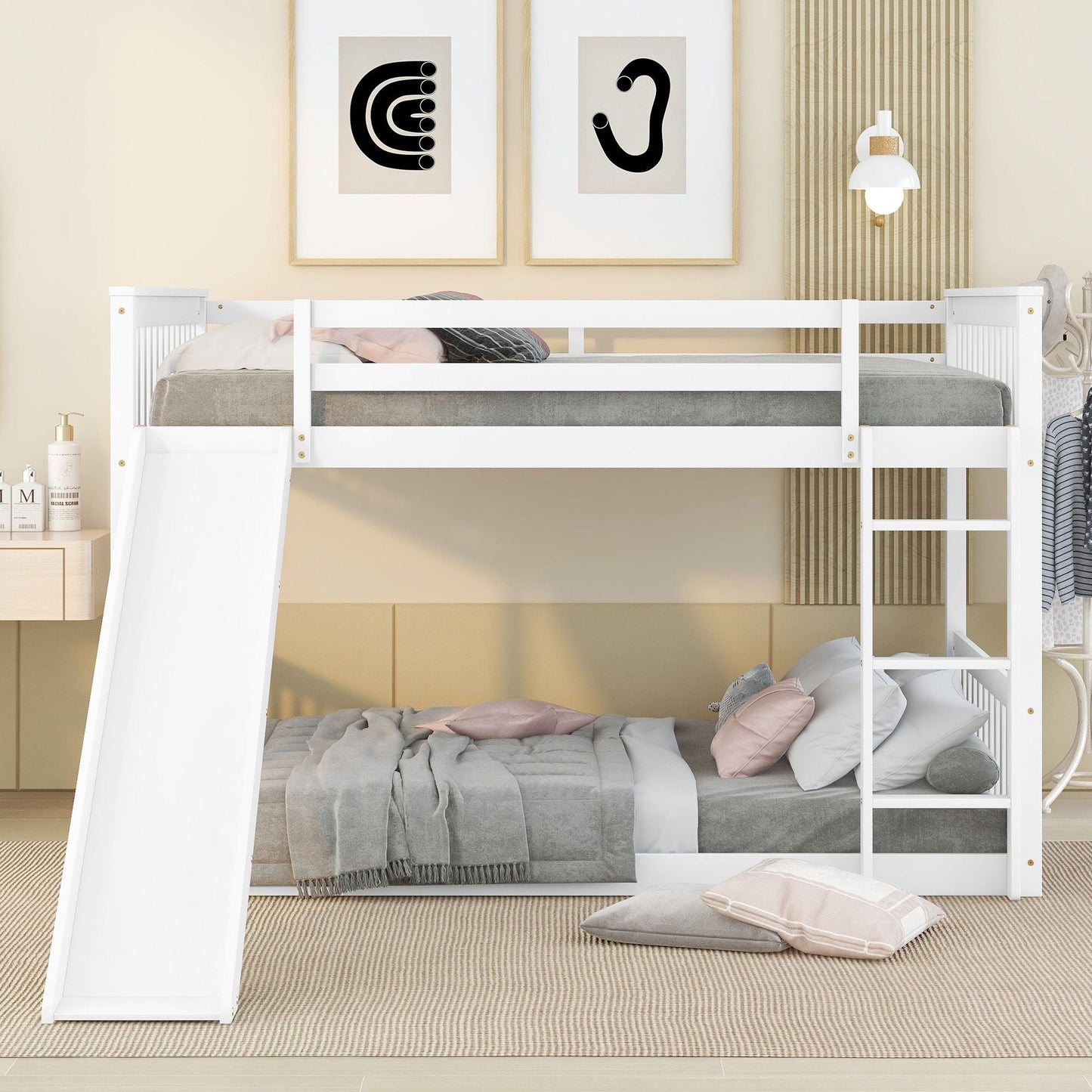 Space-Saving Full Over Full Wood Bunk Bed with Slide and Safety Guardrails, White | Just Better Bunk Beds
