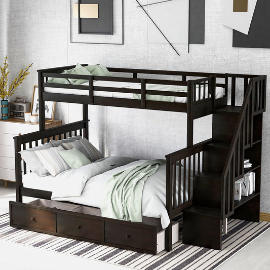 Stairway Twin-Over-Full Bunk Bed with Drawer,  Storage and Guard Rail for Bedroom,  Dorm,  for Adults,  Espresso