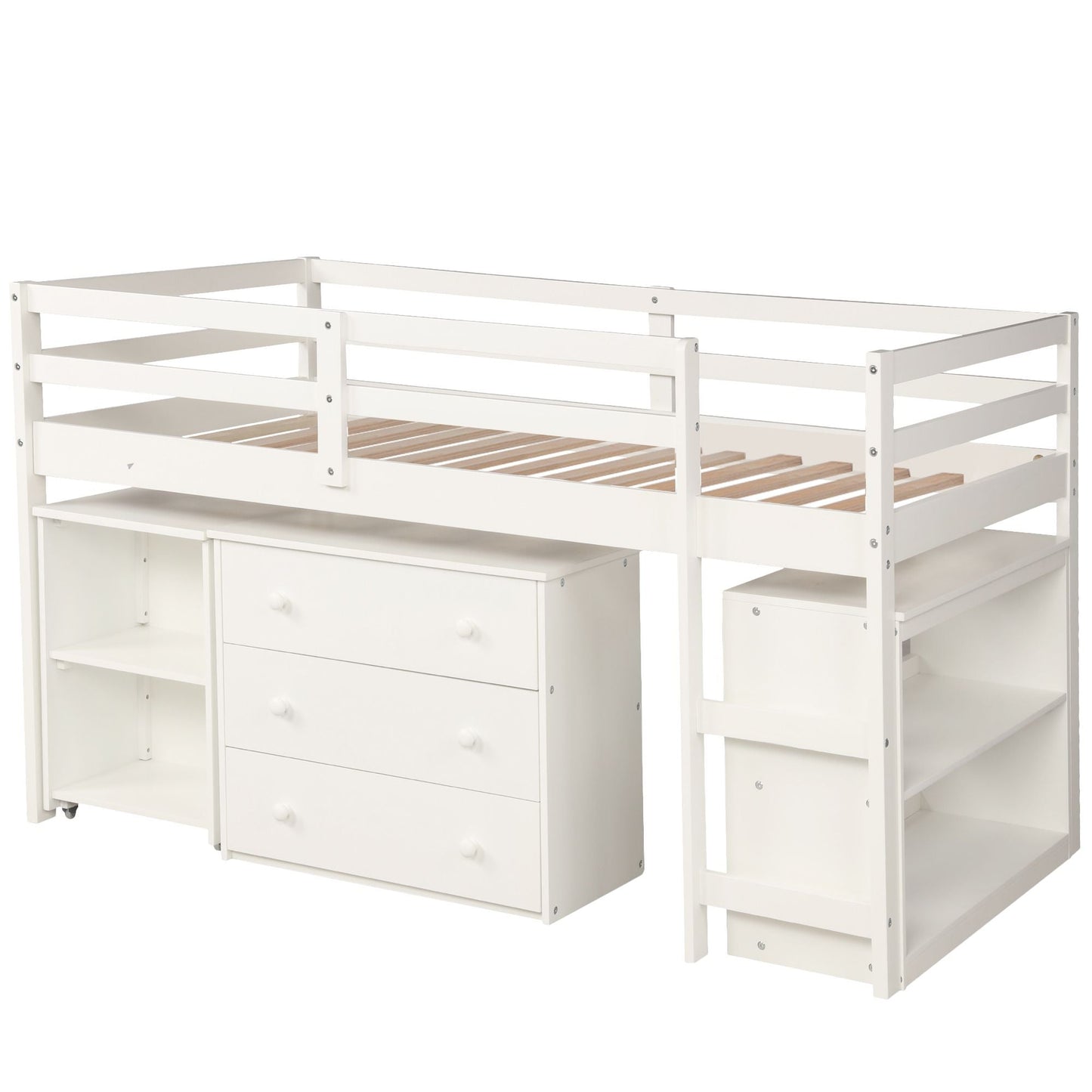 Kids Bedroom Twin Wood Loft Bed with Cabinet and Rolling Desk, White | Just Better Bunk Beds