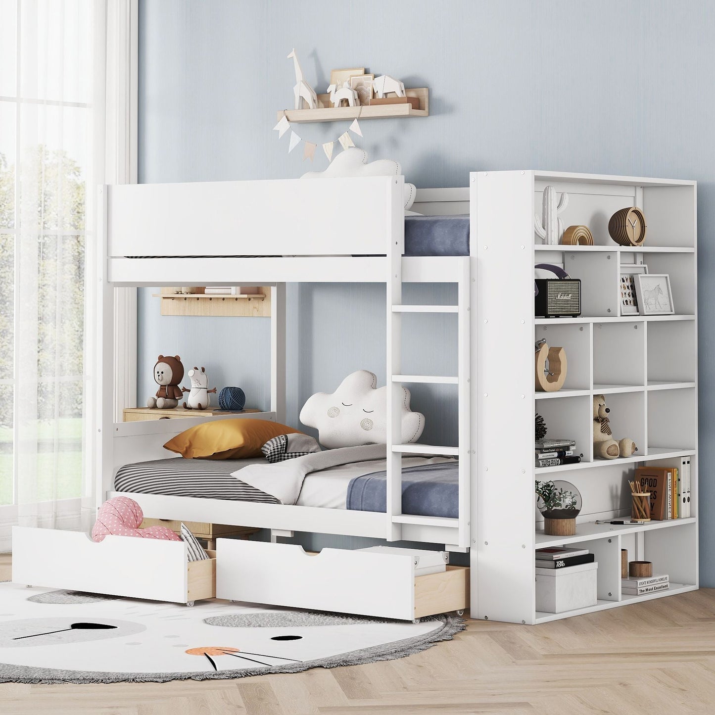 Storage Twin Over Twin Wood Bunk Bed with 2 Drawers and Multi-Layer Cabinet, White | Just Better Bunk Beds