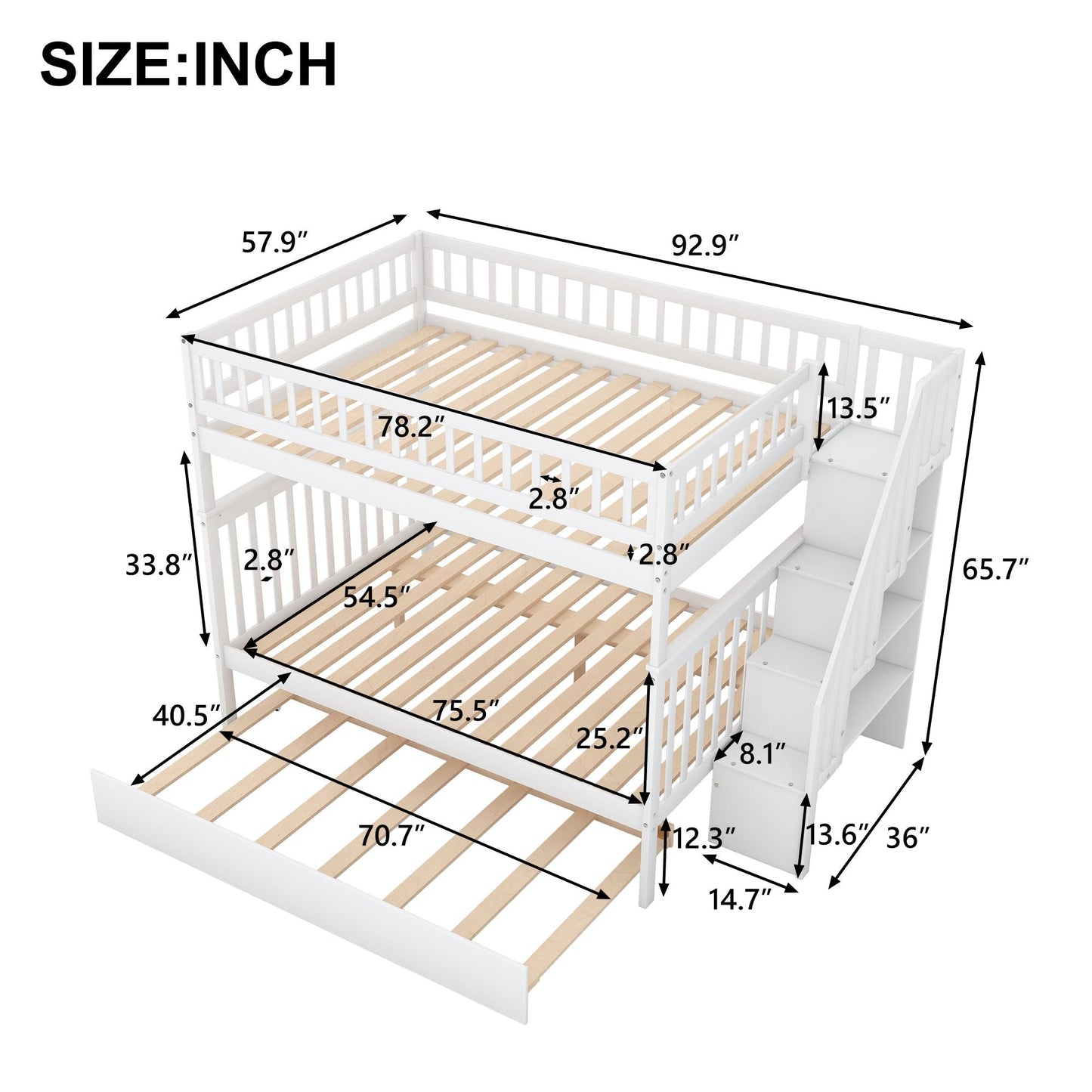 Space-Saving Full Over Full Wood Bunk Bed with Trundle and Staircase, Gray and White | Just Better Bunk Beds