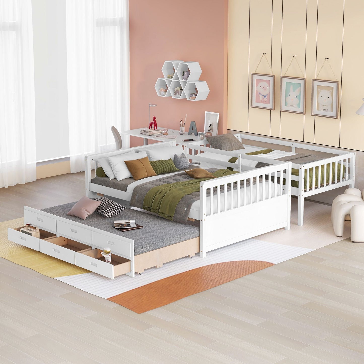 Separable Twin Over Full Wood Bunk Bed with Twin Trundle and Drawers, White | Just Better Bunk Beds