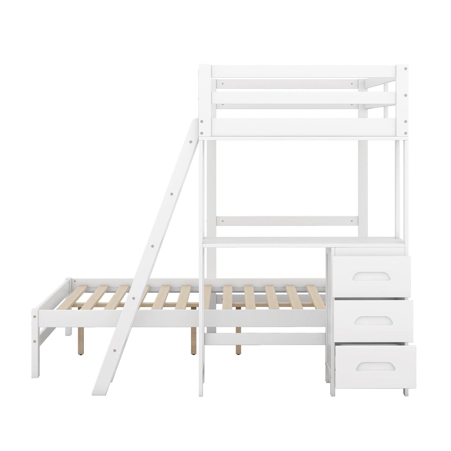 Space-Saving Twin Over Full Wood Bunk Bed with Built-In Desk and Three Drawers, White | Just Better Bunk Beds
