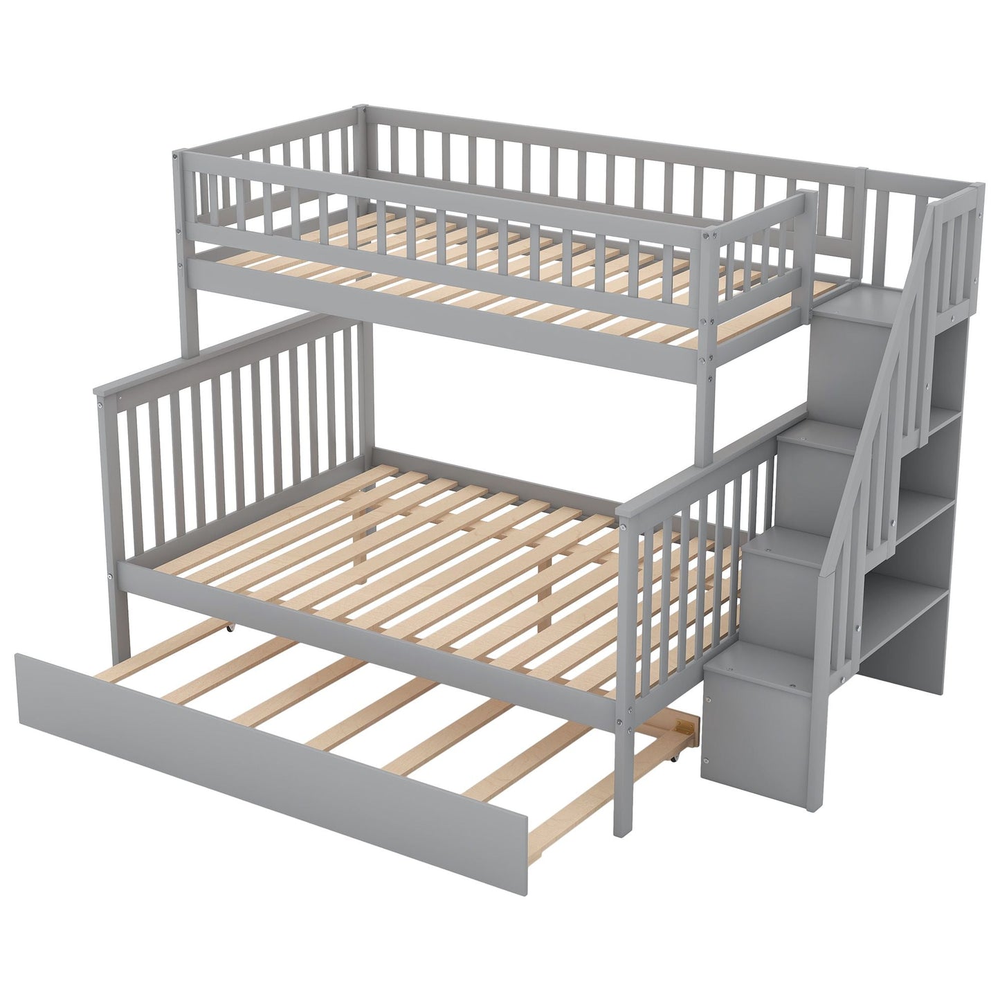 Staircase Storage Twin Over Full Wood Bunk Bed with Trundle, Gray | Just Better Bunk Beds
