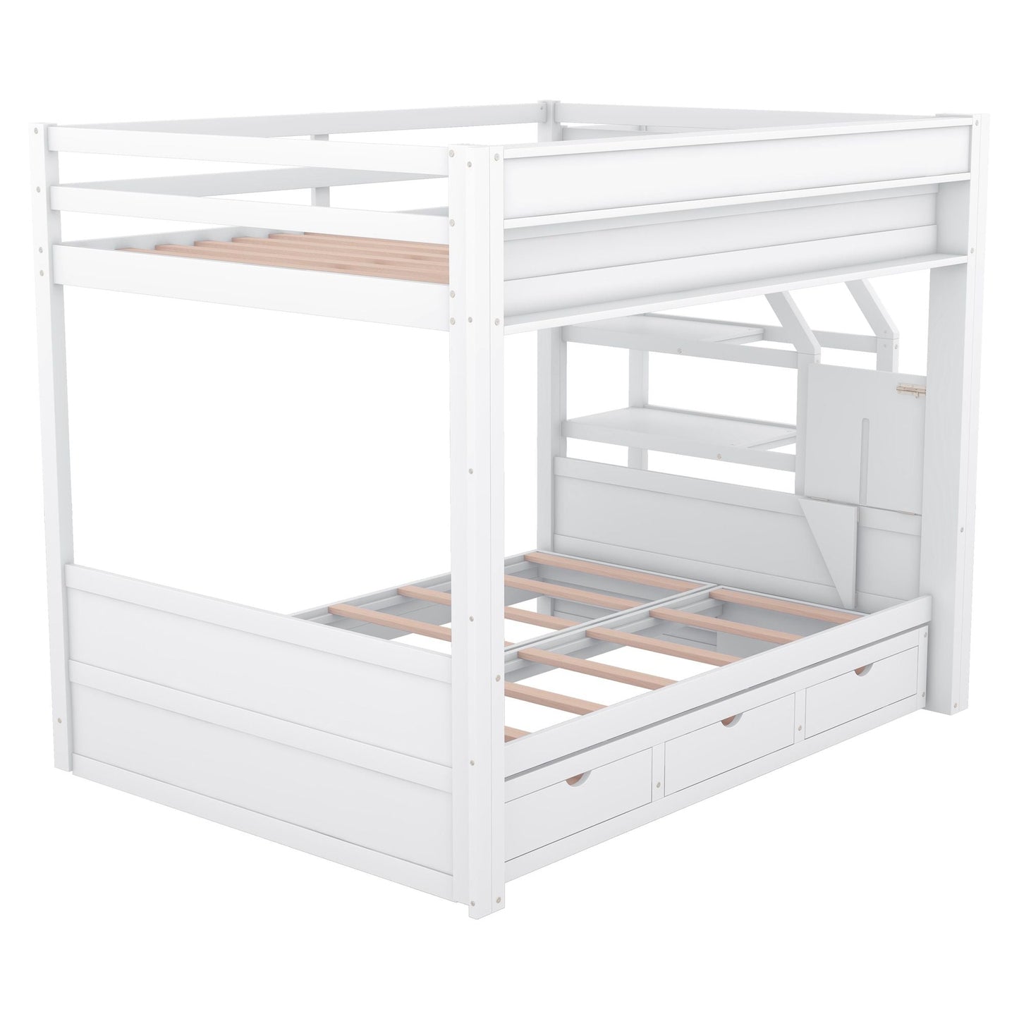 Convertible Full Wood Bunk Bed with Storage Staircase, Bedside Table, 3 Drawers, White | Just Better Bunk Beds