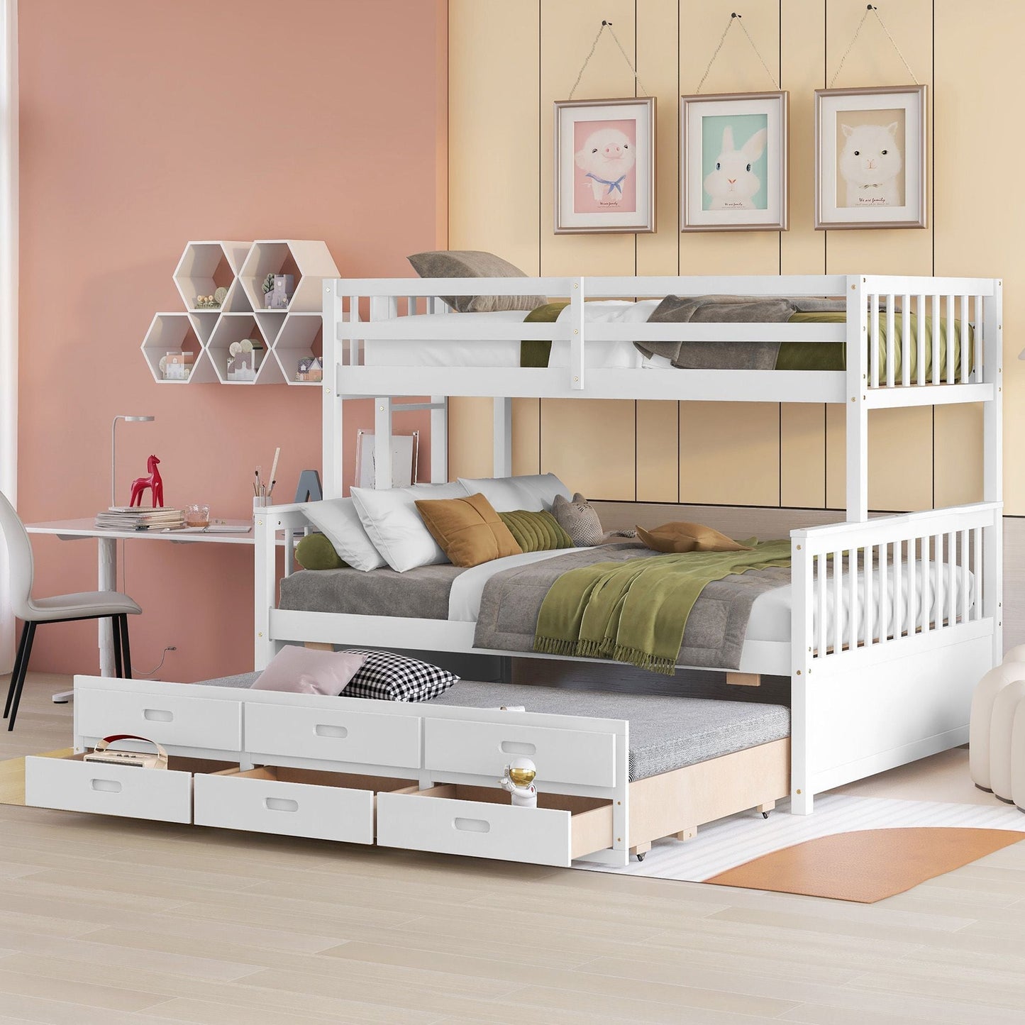 Separable Twin Over Full Wood Bunk Bed with Twin Trundle and Drawers, White | Just Better Bunk Beds