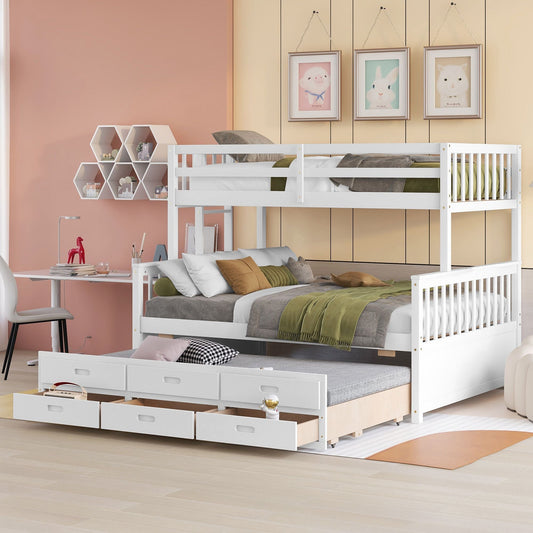 Separable Twin Over Full Wood Bunk Bed with Twin Trundle and Drawers, White | Just Better Bunk Beds