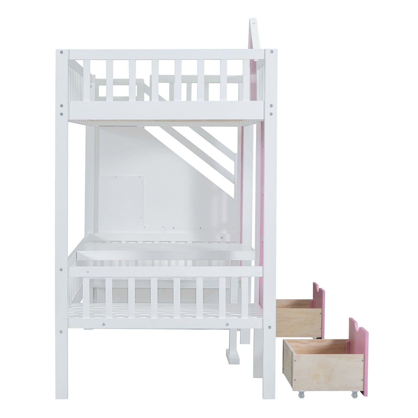 Multi-Use Twin Over Twin Wood Bunk Bed with Changeable Table and Desk, Pink | Just Better Bunk Beds