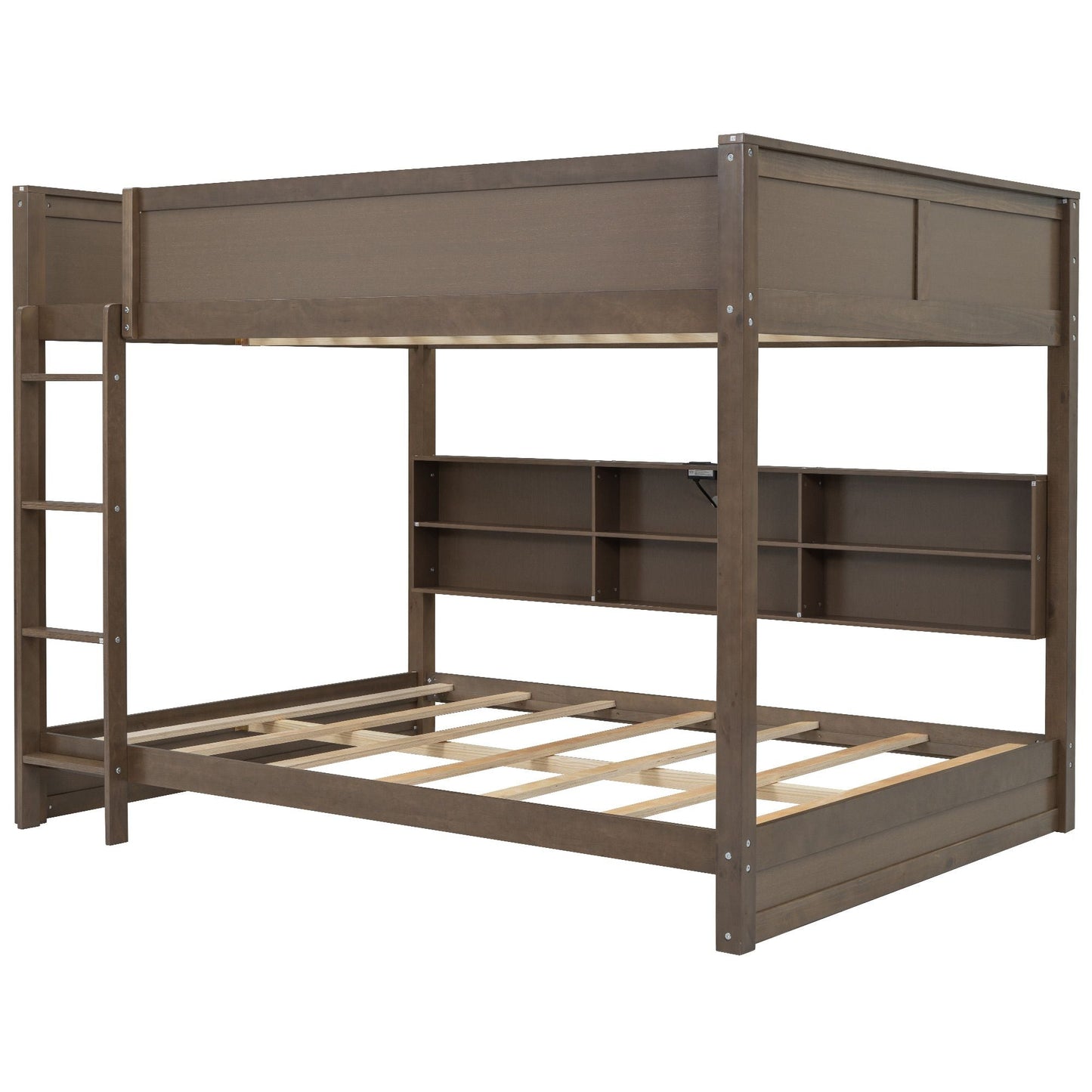 Shared Room Solution Queen Over Queen Wood Bunk Bed with Storage Cabinets and USB Ports, Natural | Just Better Bunk Beds
