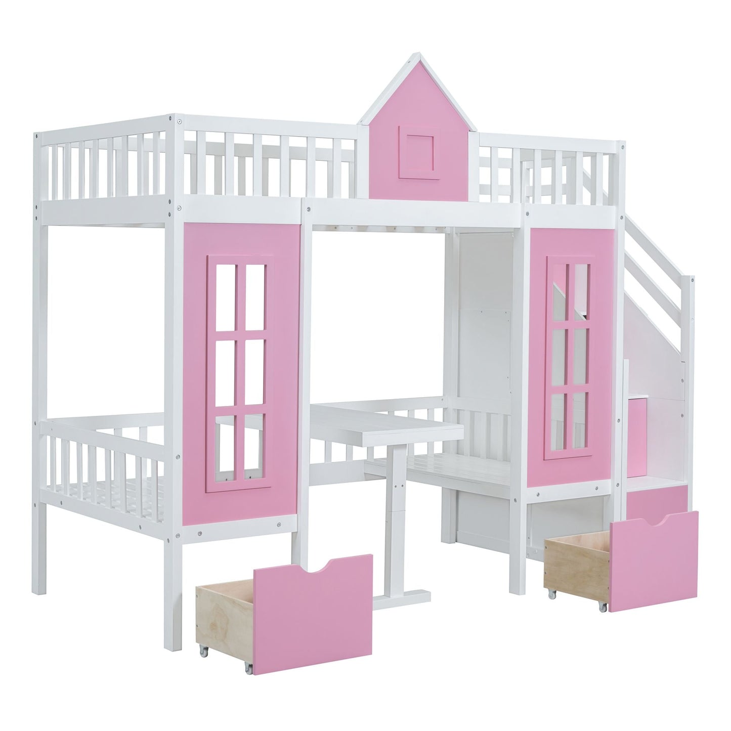 Multi-Use Twin Over Twin Wood Bunk Bed with Changeable Table and Desk, Pink | Just Better Bunk Beds