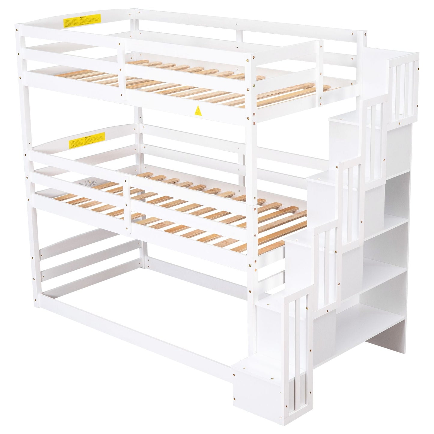 Shared Room Solution Twin Triple Wood Bunk Bed with Storage Staircase, White | Just Better Bunk Beds