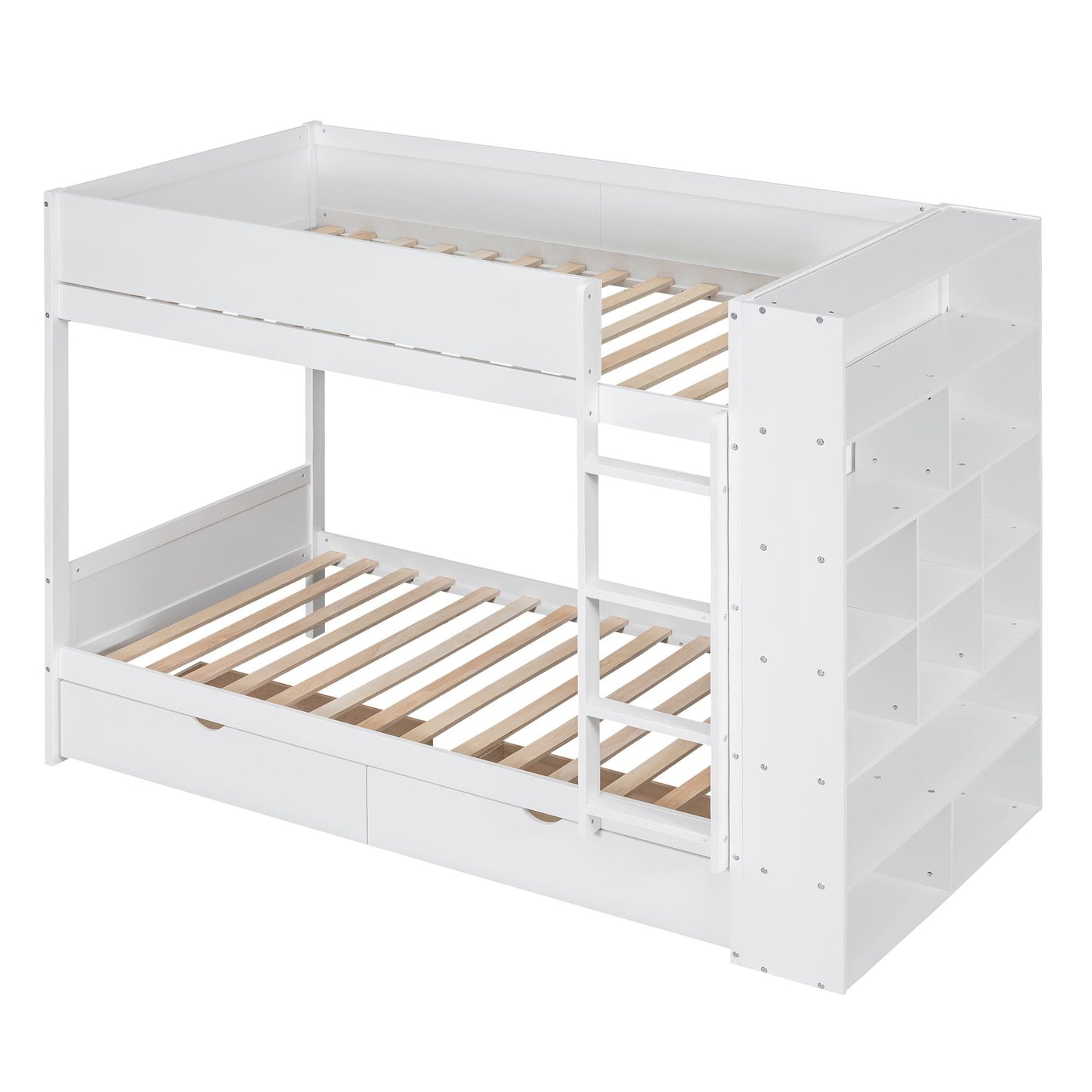 Storage Twin Over Twin Wood Bunk Bed with 2 Drawers and Multi-Layer Cabinet, White | Just Better Bunk Beds