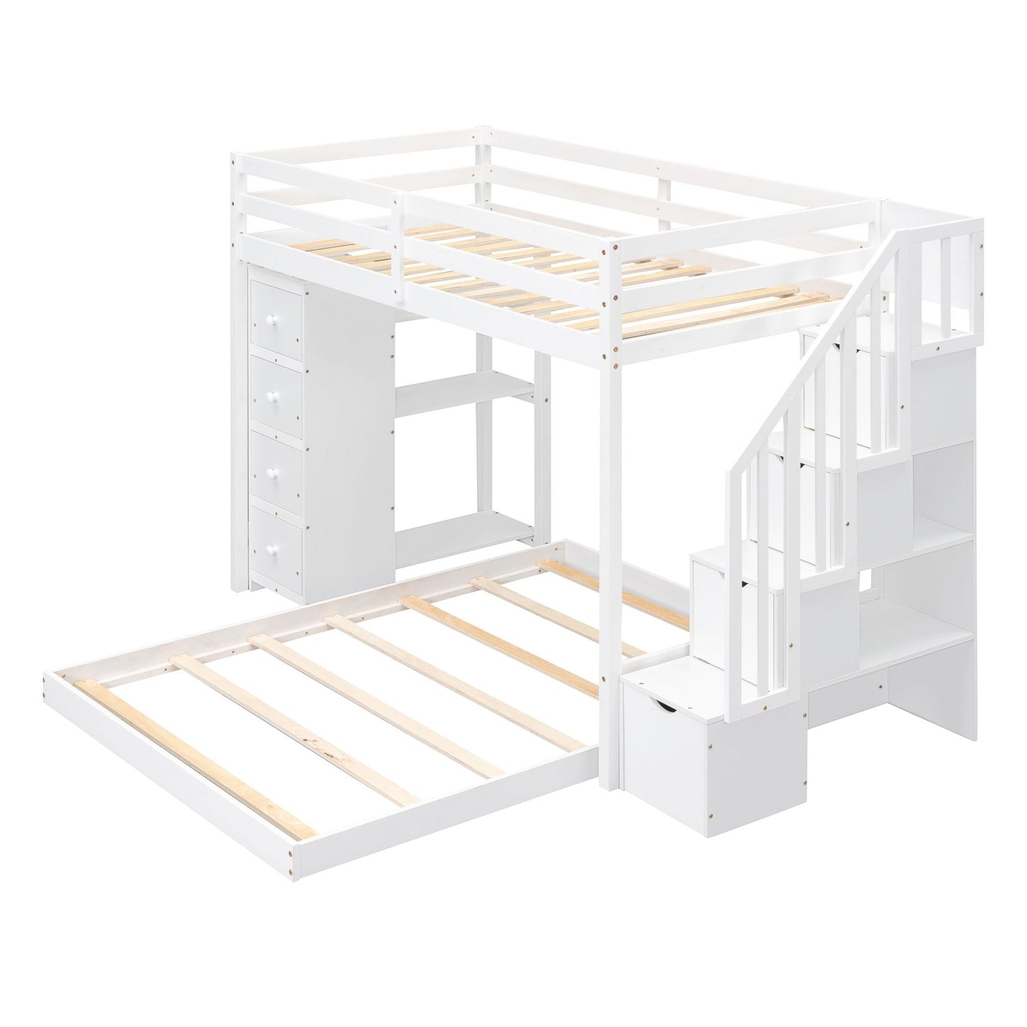 Storage Staircase Twin Over Full Wood Bunk Bed with 3-Layer Shelves and Drawers, White | Just Better Bunk Beds