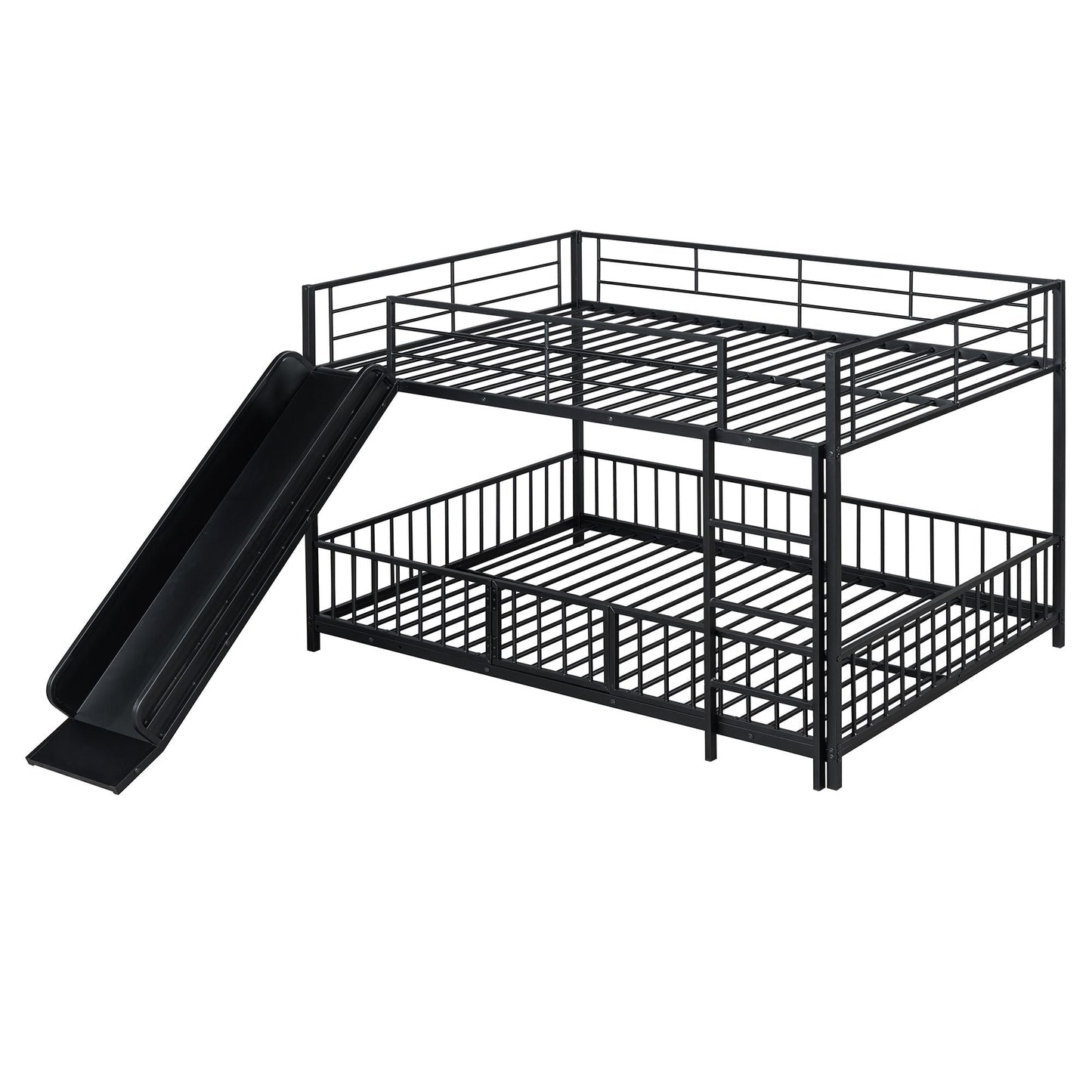 Full over Full Size Metal Bunk Bed with Slide and Guardrails,  Black