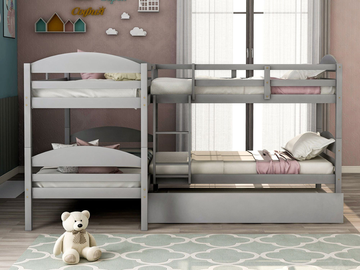 Space-Saving Twin L-Shaped Wood Bunk Bed with Trundle, Gray | Just Better Bunk Beds