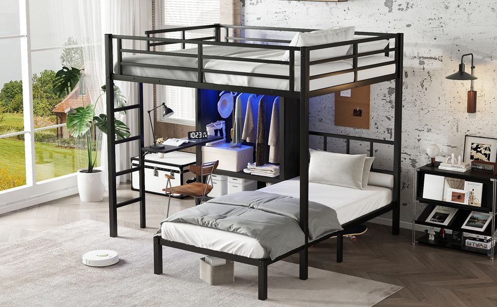 Space-Saving Full XL Over Twin Metal Bunk Bed with Folding Desk and LED Closet, Black | Just Better Bunk Beds