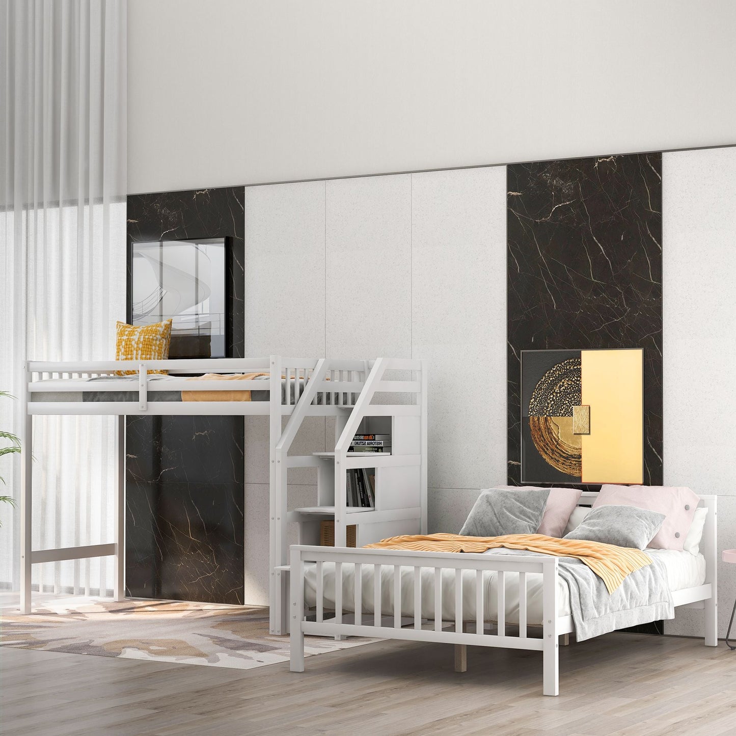 Space-Saving Twin Over Full Wood Loft Bed with Staircase, Gray | Just Better Bunk Beds