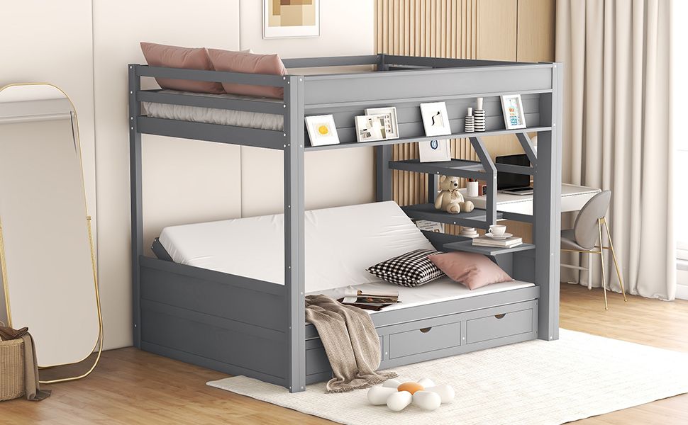 Convertible Full Wood Bunk Bed with Storage Staircase, Bedside Table, 3 Drawers, White | Just Better Bunk Beds