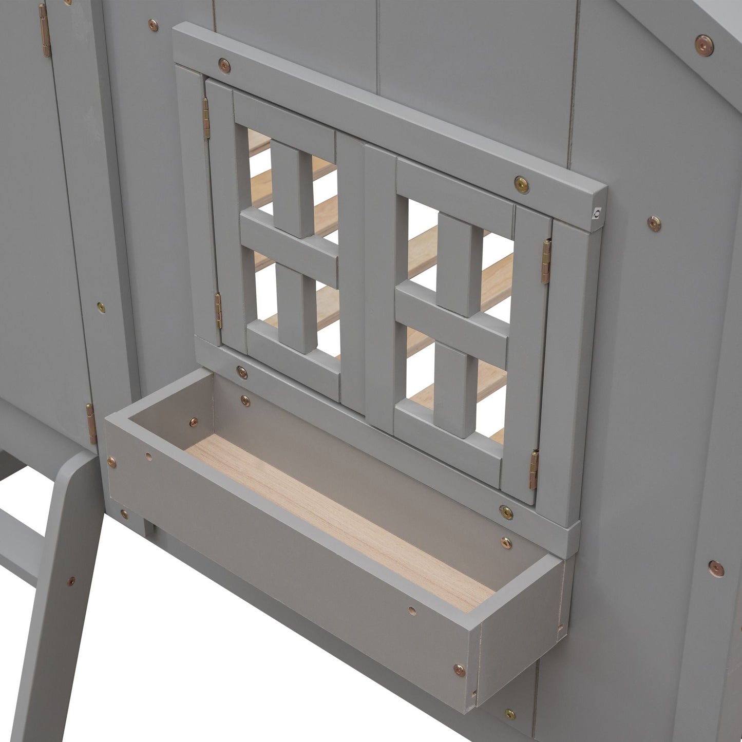 House-Style Twin Over Twin Wood Bunk Bed with Roof, Window, Door, and Ladder, Multiple Colors | Just Better Bunk Beds
