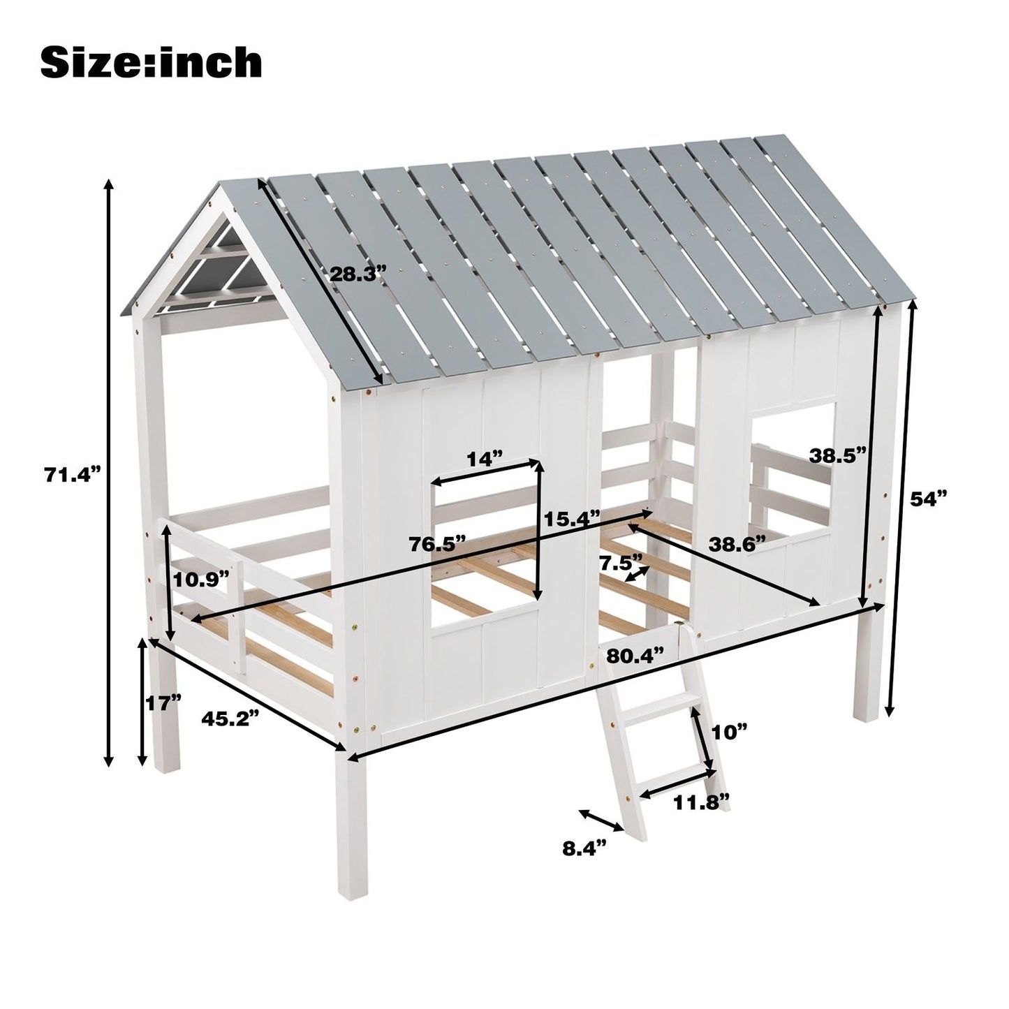 House-Style Twin Low Loft Wood Bed with Roof and Two Front Windows, White | Just Better Bunk Beds