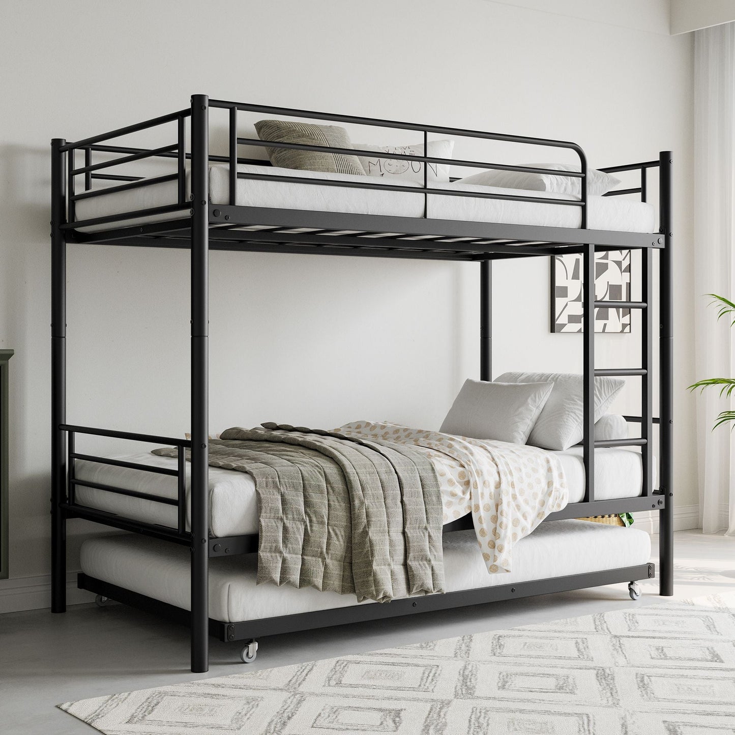 Space-Saving Full Metal Bunk Bed with Twin Trundle, Black | Just Better Bunk Beds