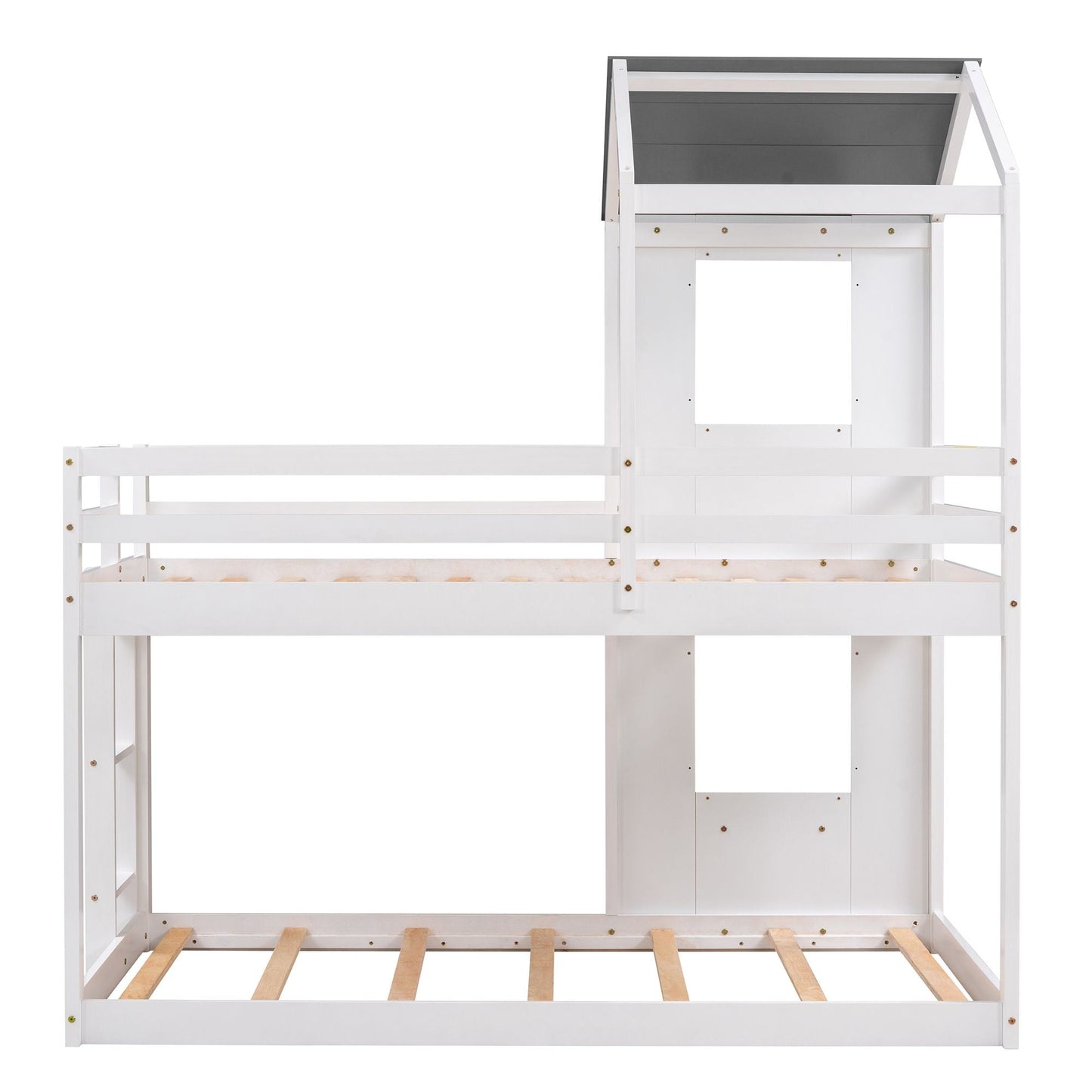Kids Bedroom Twin Over Twin Wood Bunk Bed with Roof, Window, Guardrail, Ladder, White | Just Better Bunk Beds