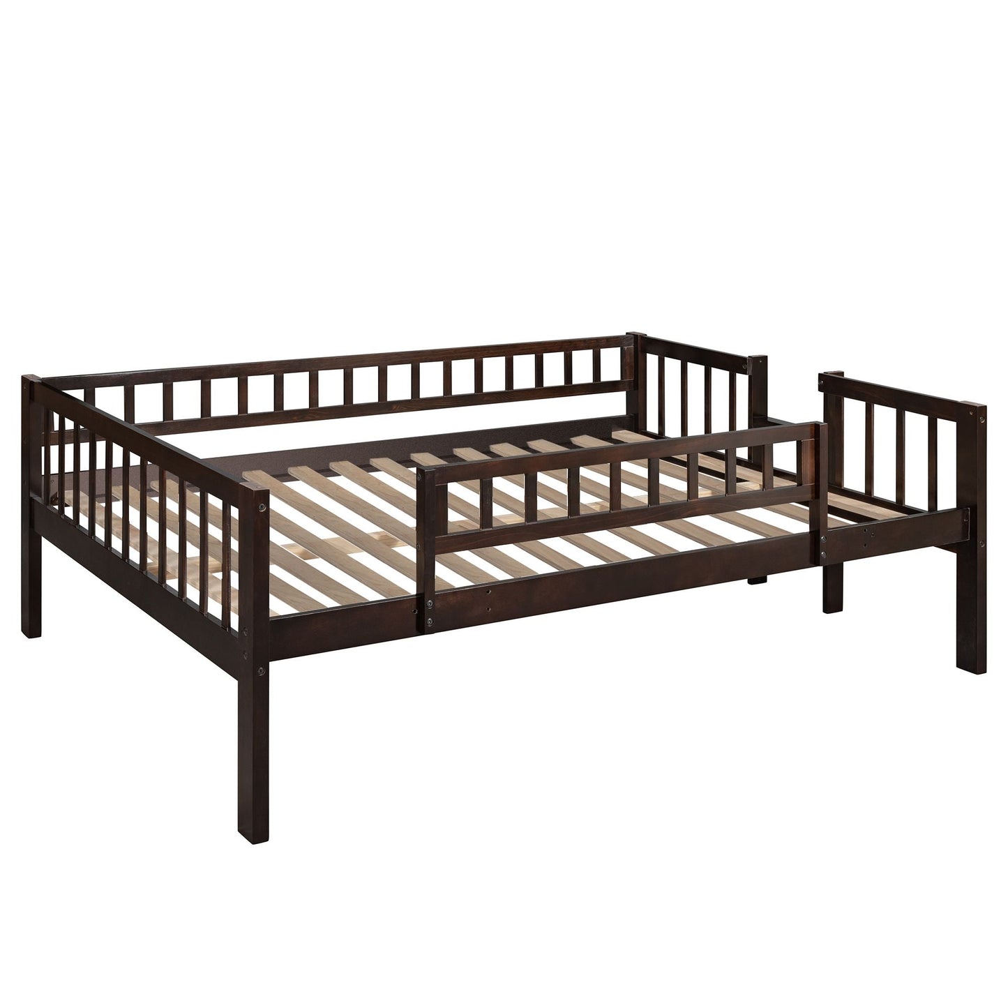 Shared Room Solution Full Over Full Over Full Wood Triple Bunk Bed with Ladder, Slide, Guardrails, Espresso | Just Better Bunk Beds