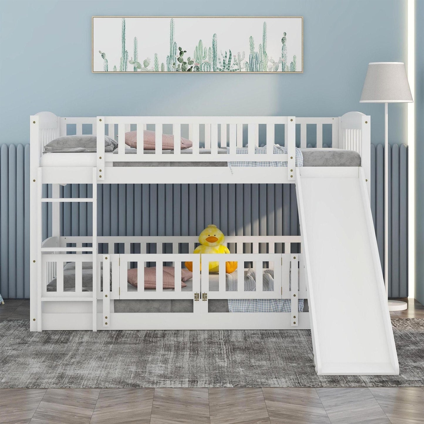 Kids Bedroom Twin Over Twin Wood Low Bunk Bed with Slide, Fence and Ladder, White | Just Better Bunk Beds