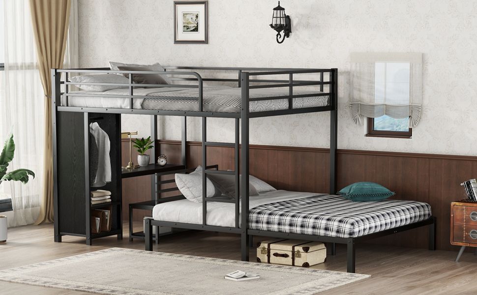 Shared Room Solution Queen Over Queen Metal Bunk Bed with Built-in Wardrobe, Desk, and Storage Chairs, Black | Just Better Bunk Beds