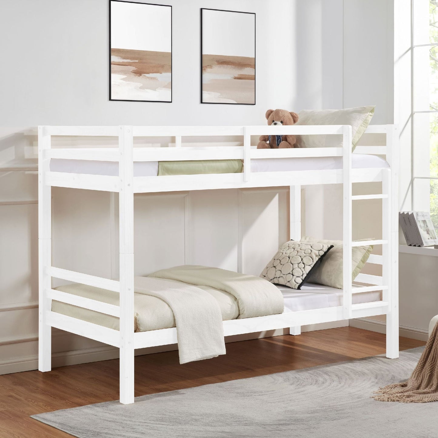 Heavy-Duty Twin Over Twin Wood Bunk Bed, White with Thick Posts, Ladder, and High Guardrail | Just Better Bunk Beds