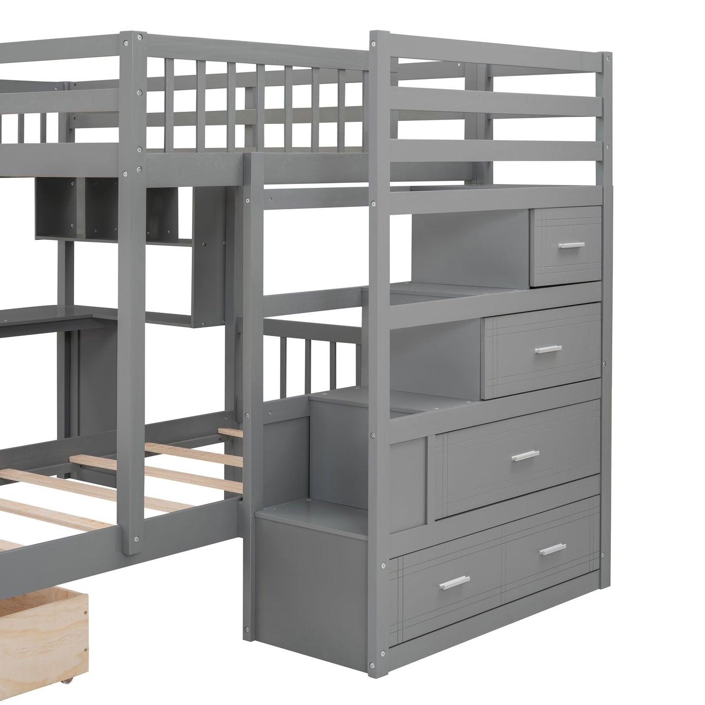 Shared Room Solution Full Over Twin Wood Bunk Bed with Desk, Drawers and Shelves, Gray | Just Better Bunk Beds
