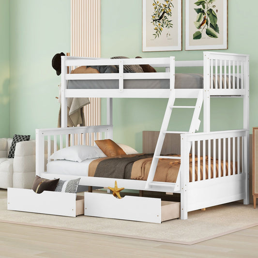 Heavy-Duty Twin Over Full Wood Bunk Bed with Ladders and Two Storage Drawers, White | Just Better Bunk Beds