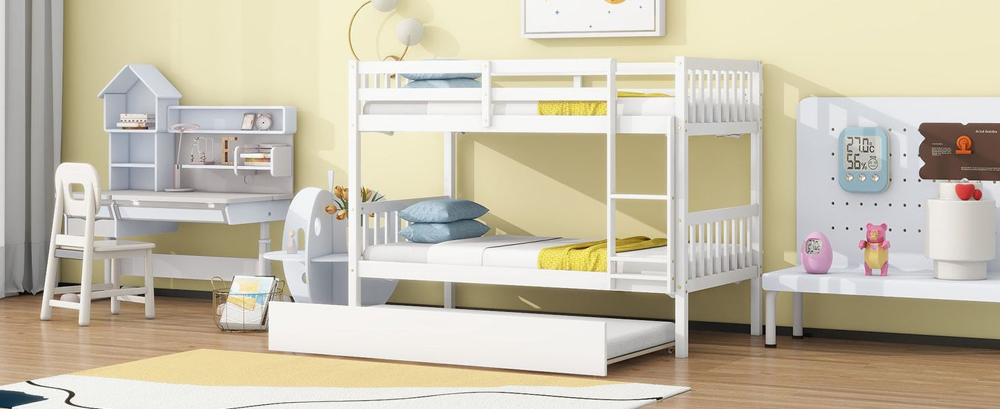 Convertible Twin Over Twin Rubber Wood Bunk Bed with Trundle, Ladder, Safety Guardrails, White | Just Better Bunk Beds
