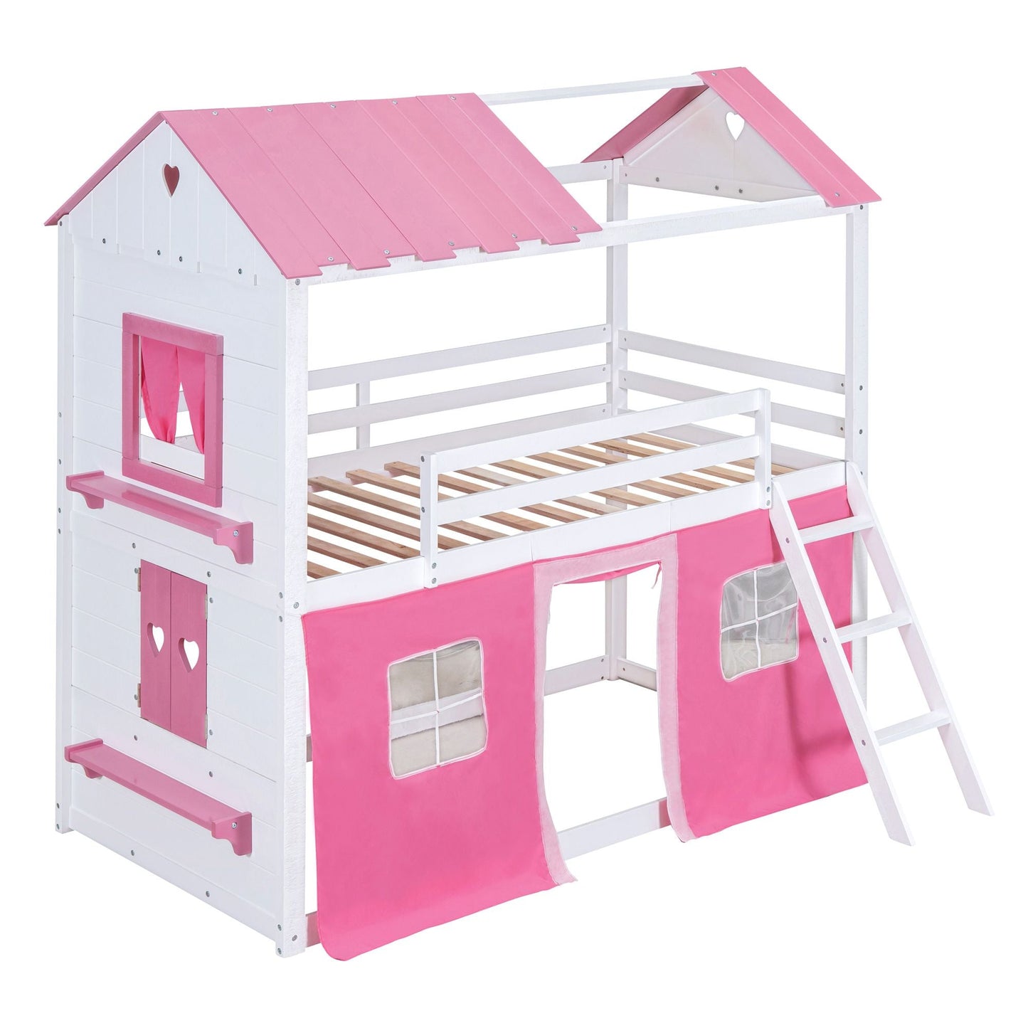 Kids Bedroom Twin Wood House-Style Bunk Bed with Elegant Windows, Sills and Tent, Pink and White | Just Better Bunk Beds