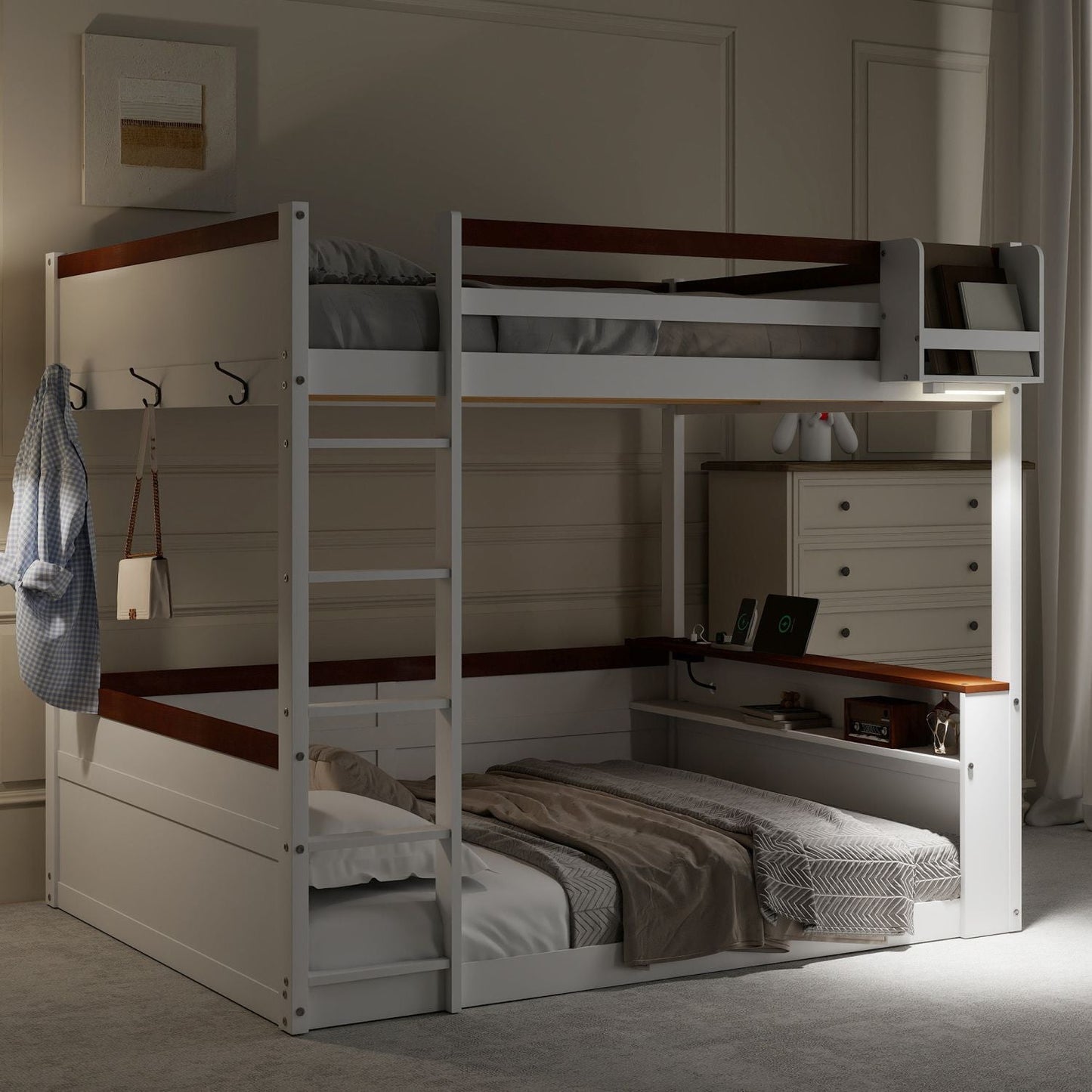 Queen Size Wooden Bunk Bed with Built-in Shelves, Storage Box, LED Light and USB Charging Station, White