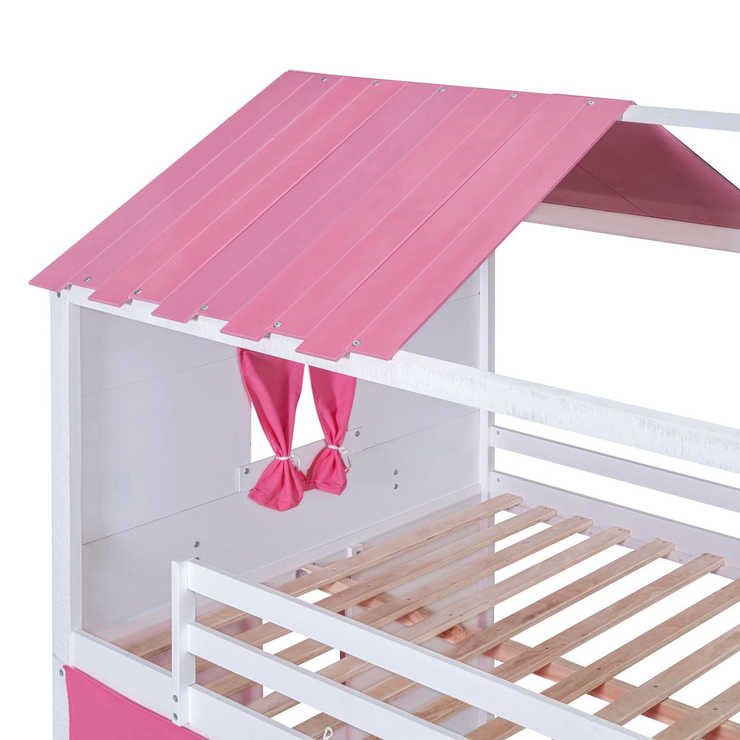 House-Style Full Wood Bunk Bed with Windows, Sills and Tent, Pink and White | Just Better Bunk Beds