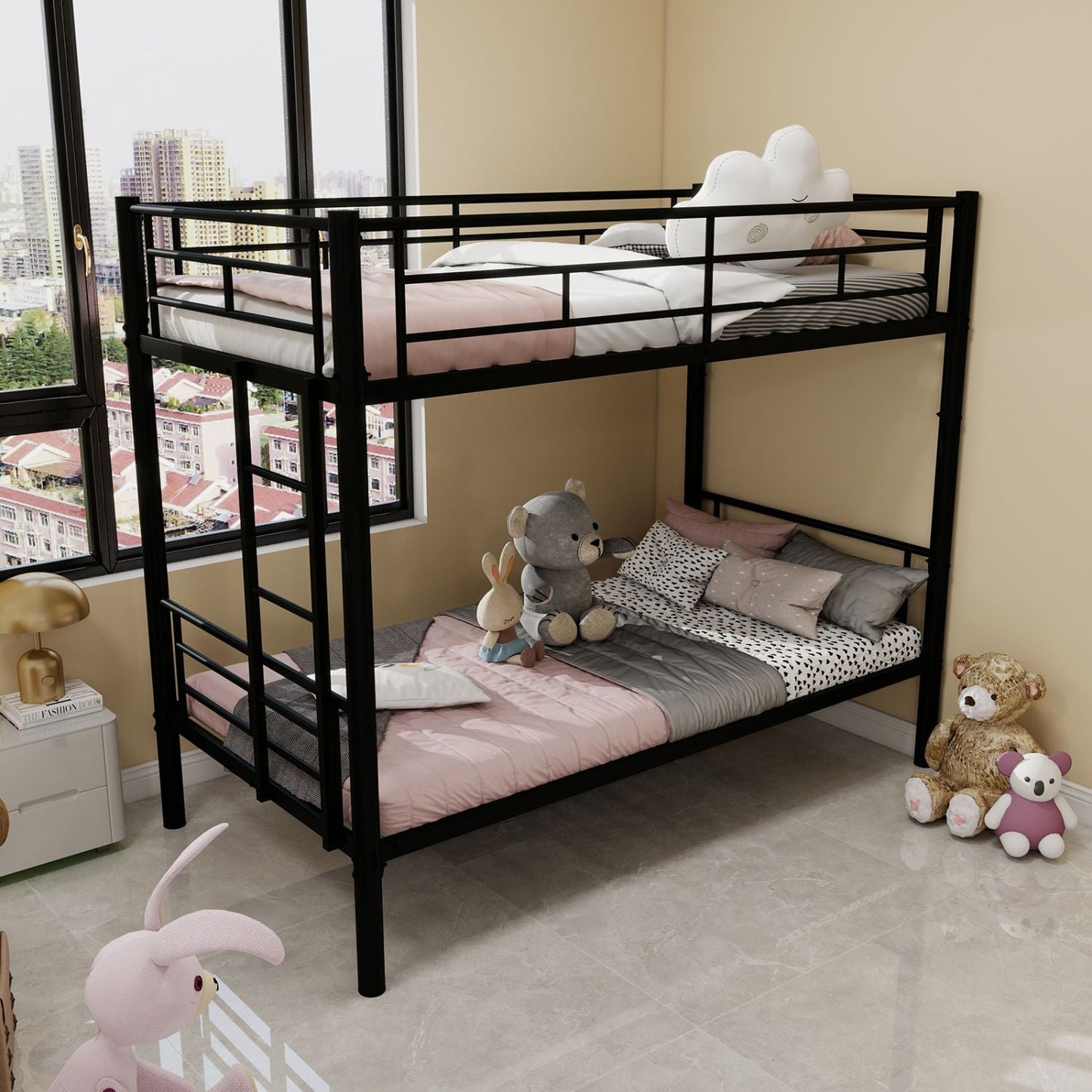 Shared Room Solution Twin Over Twin Metal Bunk Bed with Ladder and Guardrail, Convertible, Metal | Just Better Bunk Beds