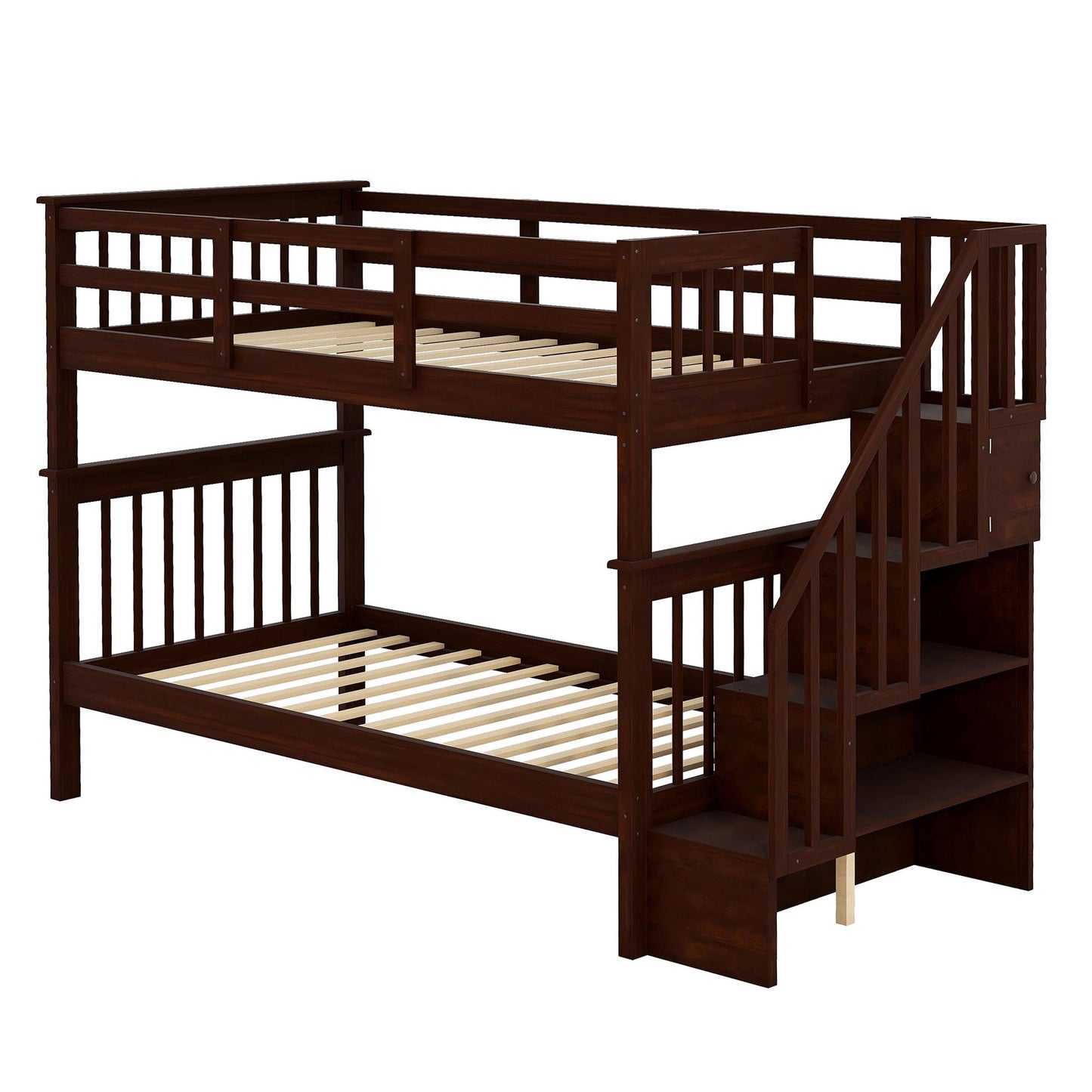 Staircase Storage Twin Over Twin Wood Bunk Bed, Espresso | Just Better Bunk Beds