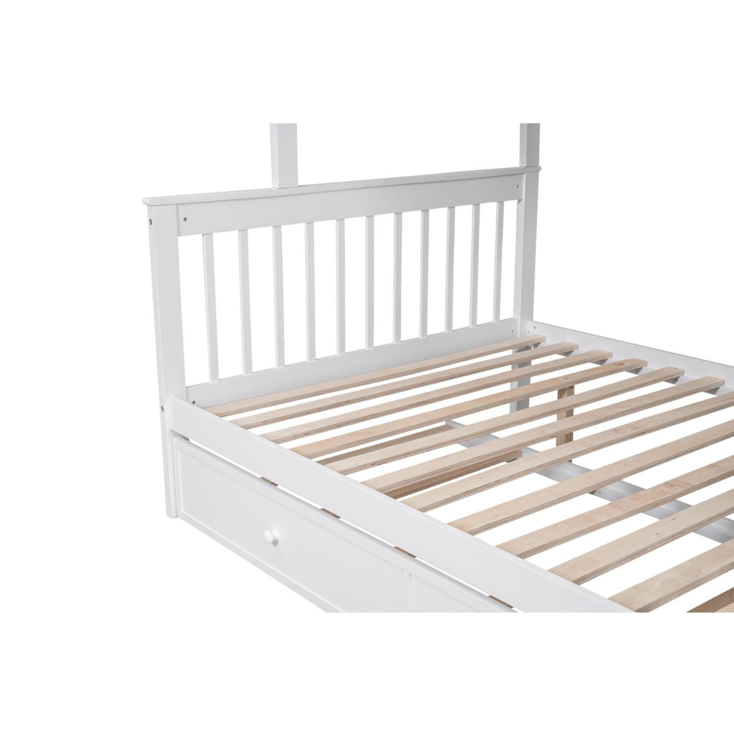 Heavy-Duty Twin Over Full Wood Bunk Bed with Twin Trundle, Storage and Guard Rail, White | Just Better Bunk Beds