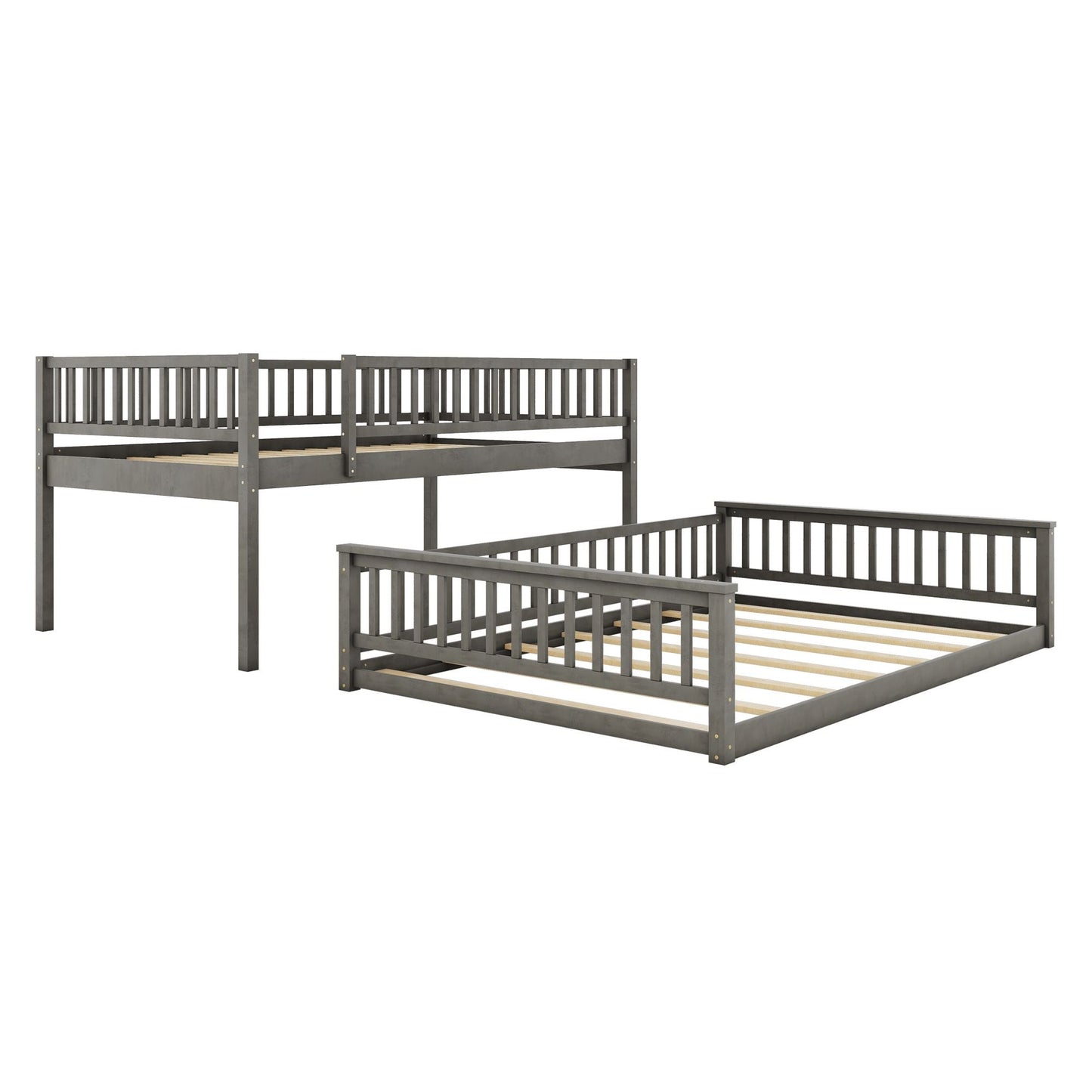 Space-Saving Full XL Over Queen Wood Bunk Bed with Ladder and Guardrails, Gray | Just Better Bunk Beds