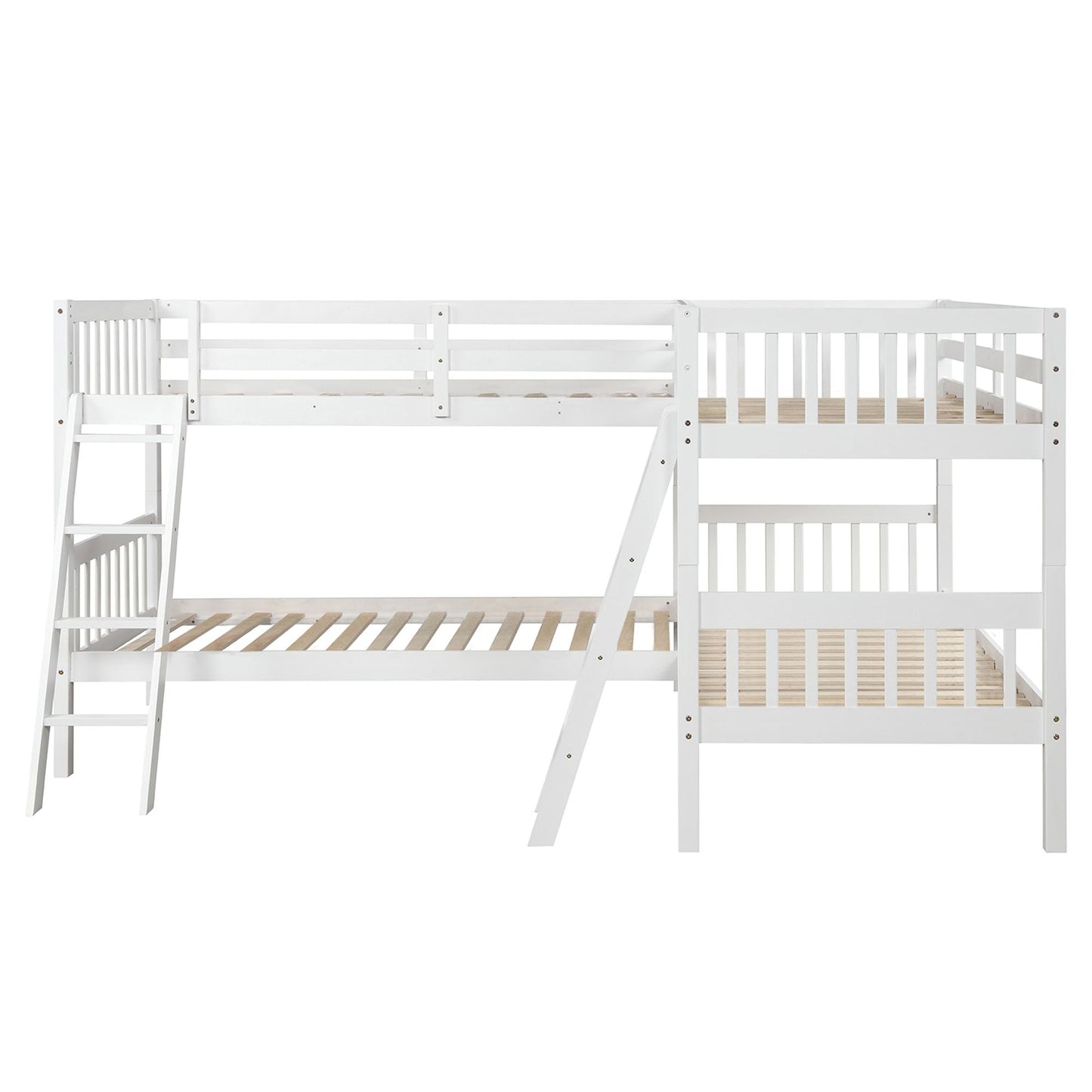 Space-Saving L-Shaped Twin Wood Bunk Bed with Ladder and Safety Guardrail, Gray | Just Better Bunk Beds